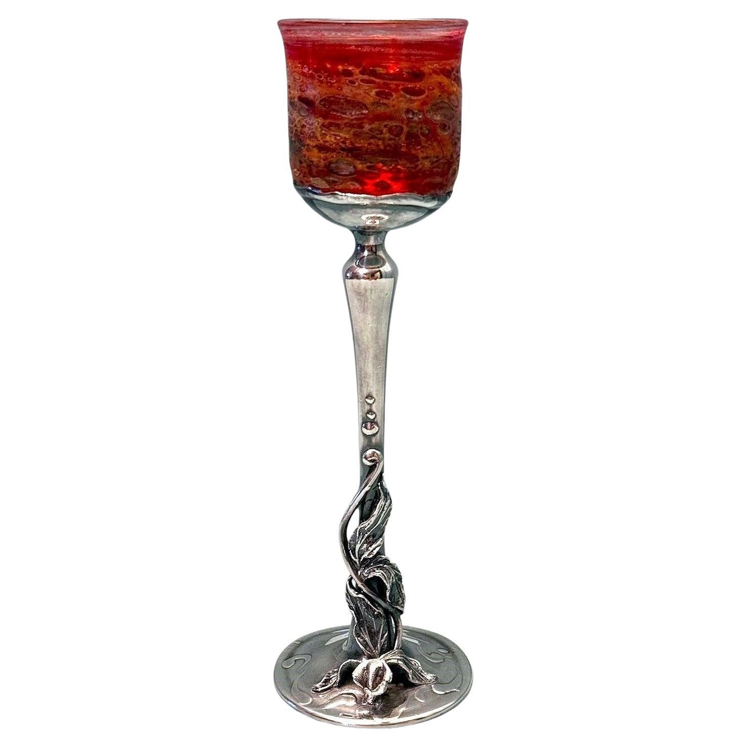 Murano "Pulegoso" Italian Glass Chalice With Art Nouveau Silver Stem For Sale
