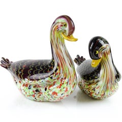 Murano Pulled Feather Design Italian Art Glass Male Female Duck Sculptures