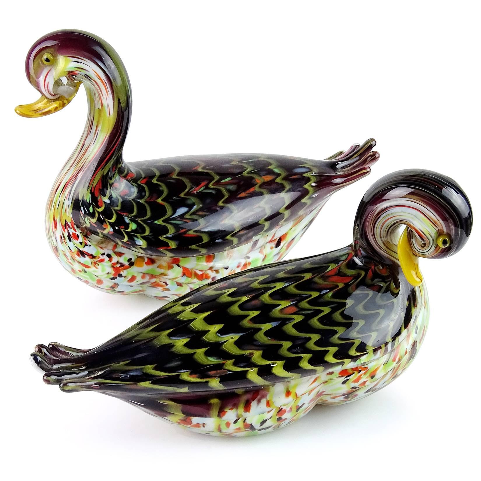 Mid-Century Modern Murano Pulled Feather Design Italian Art Glass Male Female Duck Sculptures