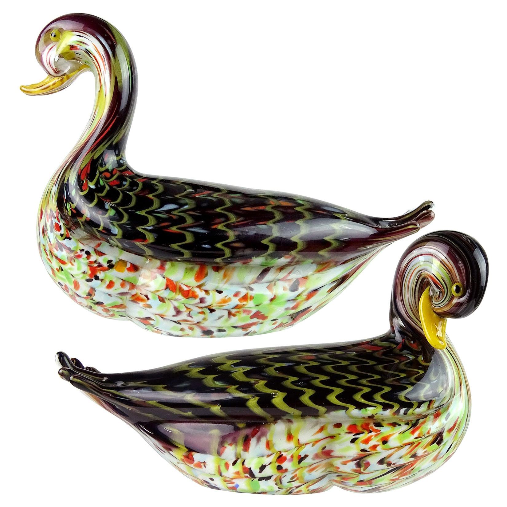 Murano Pulled Feather Design Italian Art Glass Male Female Duck Sculptures