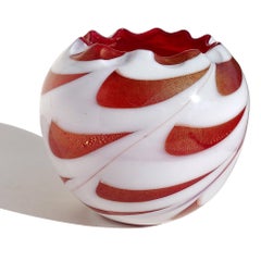 Murano Pulled Feather Italian Art Glass Rose Bowl Red Gold Flecks Flower Vase