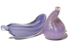 Murano Purple Blue Gold Flecks Italian Art Glass Fig Banana Fruit Sculptures