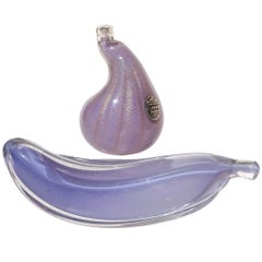 Murano Purple Blue Gold Flecks Italian Art Glass Fig Banana Fruit Sculptures
