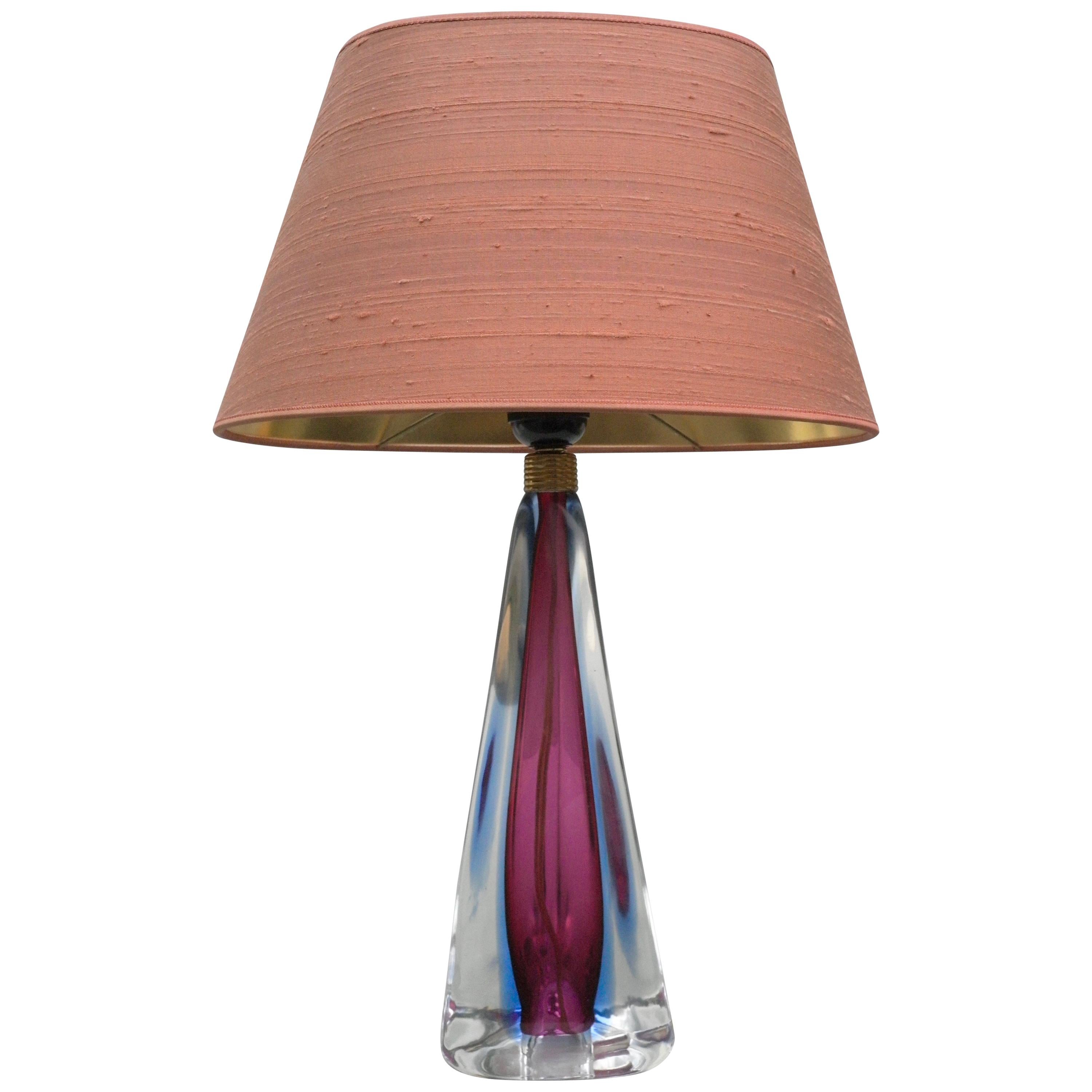 Murano Purple Blue Venetian Glass Table Lamp with Silk Shade, Italy 1950s