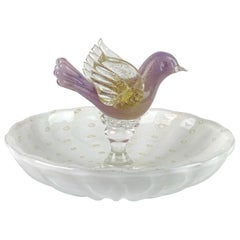 Murano Purple Gold Flecks Italian Art Glass Bird Decorative Ring Dish Bowl