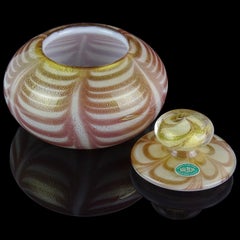 Polvera de Vidrio Artístico Italiano Murano Púrpura Pluma Tirada Motas Doradas