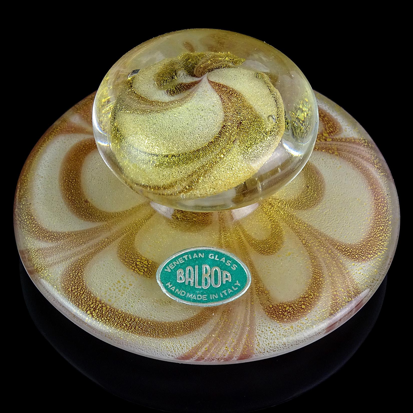 Polvera de Vidrio Artístico Italiano Murano Púrpura Pluma Tirada Motas Doradas Hecho a mano en venta