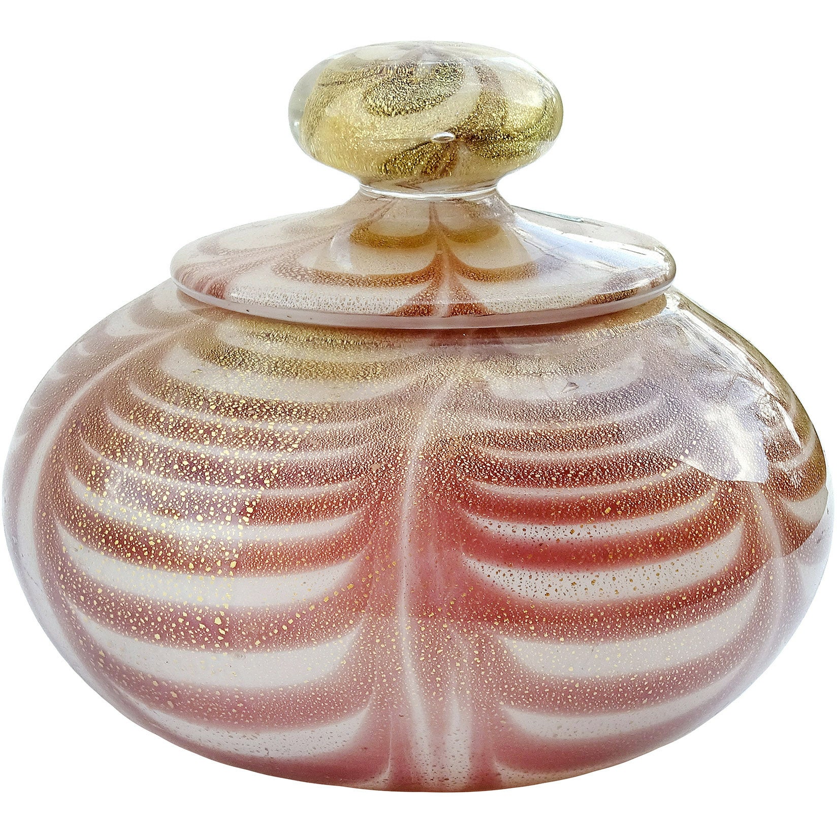 Murano Purple Pulled Feather Gold Flecks Italian Art Glass Vanity Powder Box