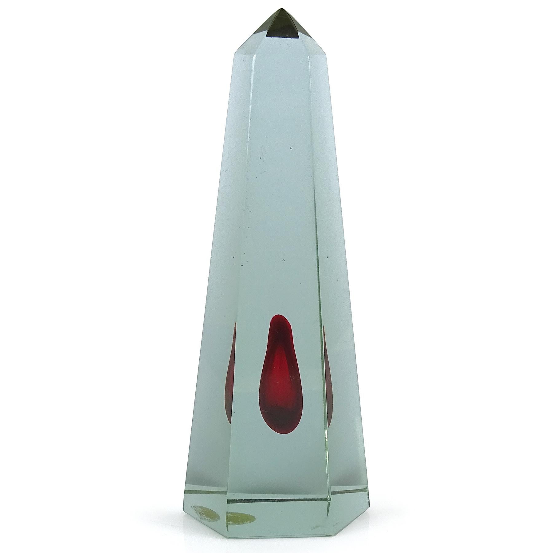 Mid-Century Modern Murano Purple Red Core Italian Art Glass Obelisk Pyramid Paperweight Sculpture For Sale
