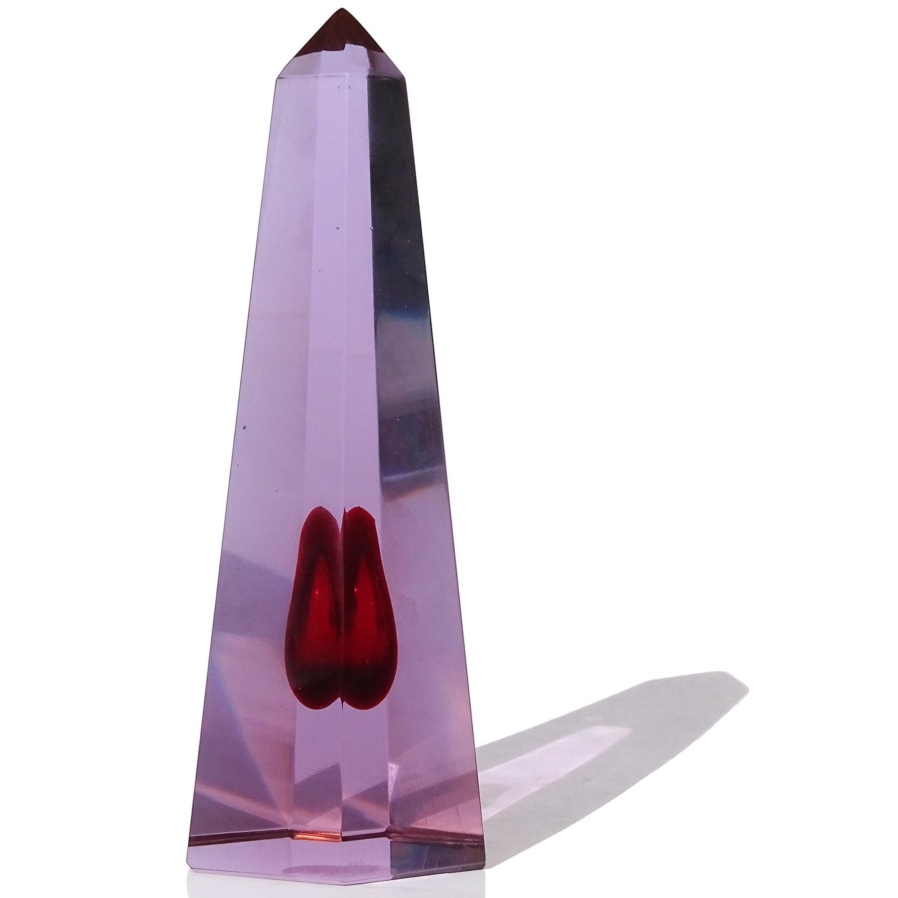 Hand-Crafted Murano Purple Red Core Italian Art Glass Obelisk Pyramid Paperweight Sculpture For Sale
