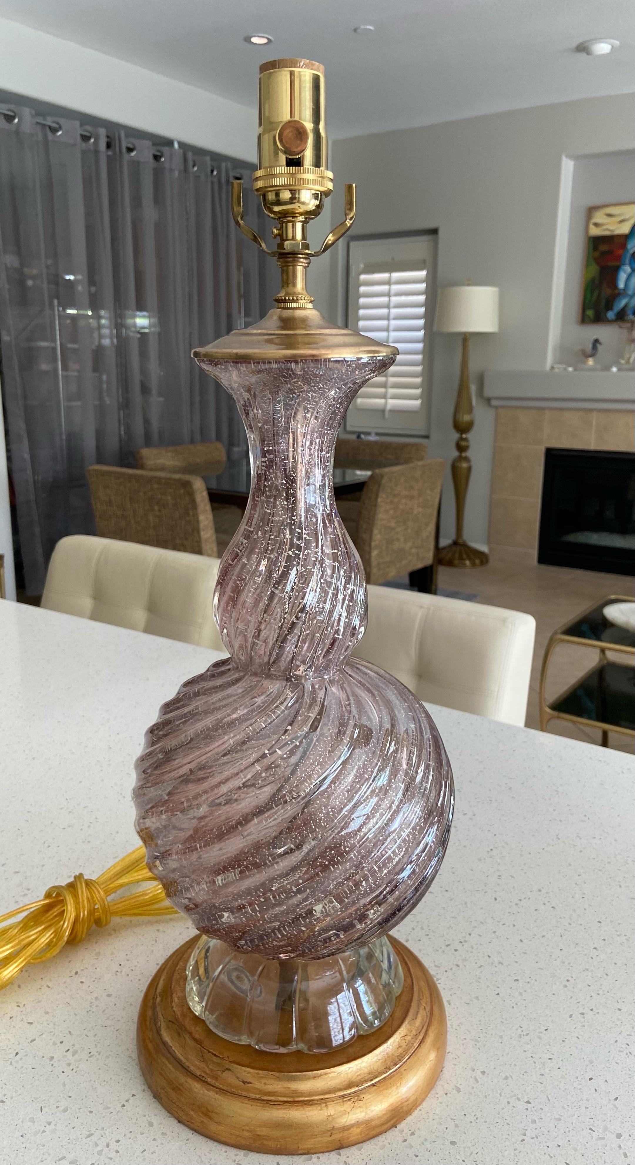 Murano Purple & Silver Inclusions Twisted Glass Table Lamp For Sale 9