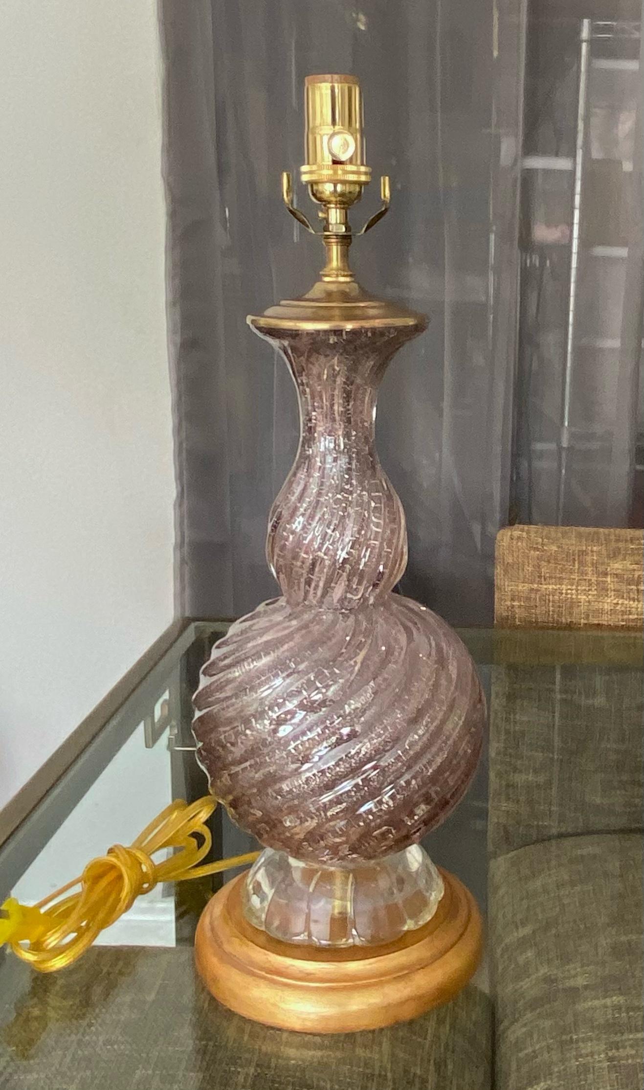 Italian Murano Purple & Silver Inclusions Twisted Glass Table Lamp For Sale