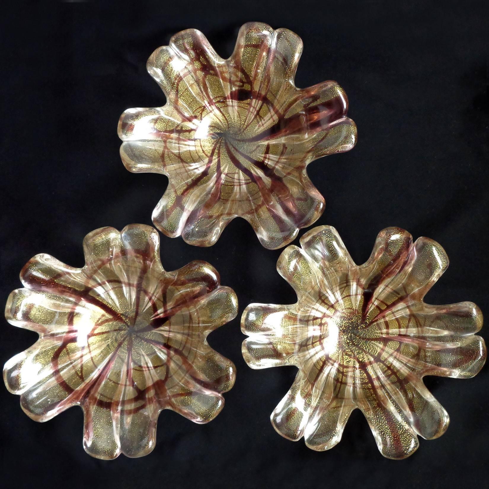 Mid-Century Modern Murano Purple Spatter Swirl Gold Flecks Italian Art Glass Flower Shape Bowls For Sale