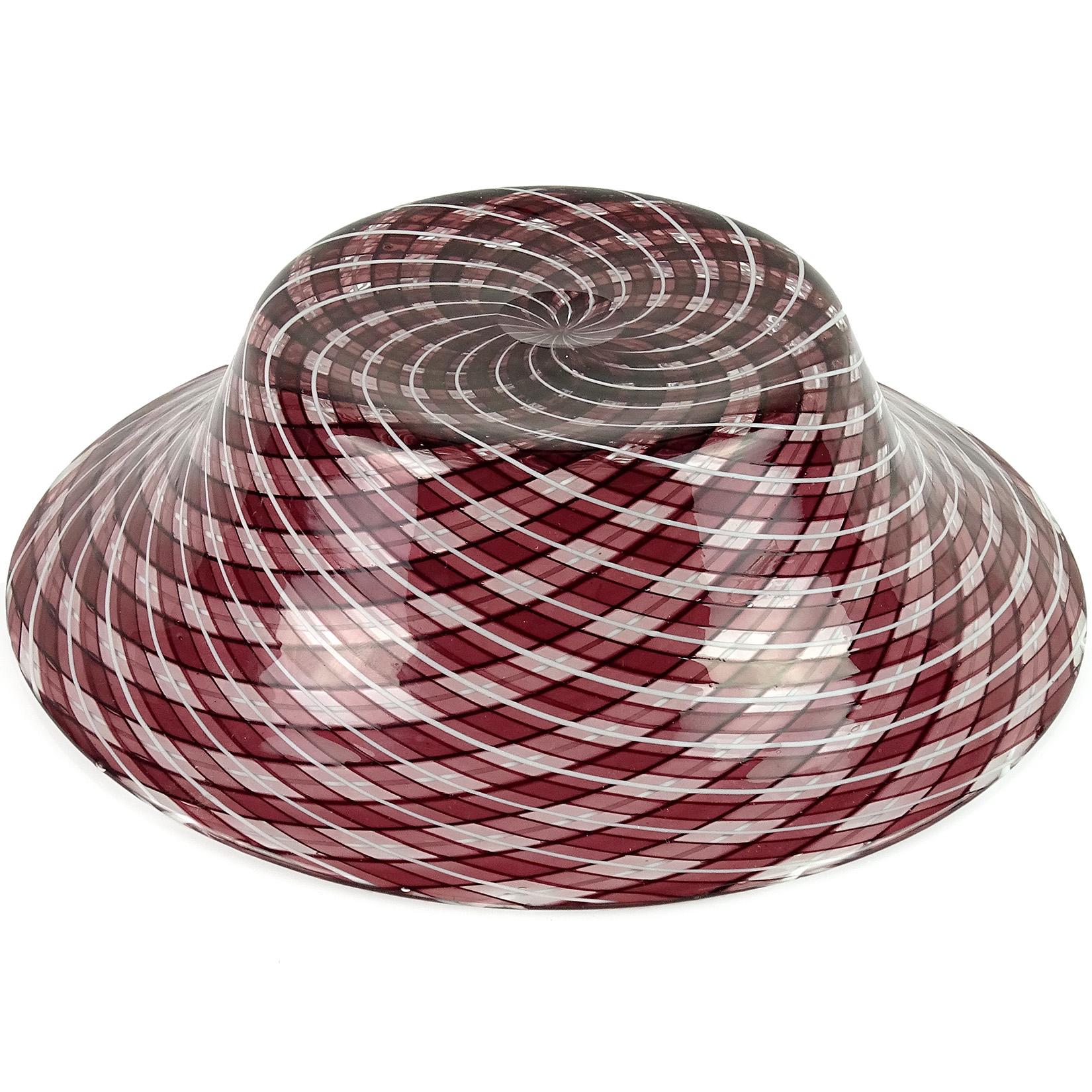 Mid-Century Modern Murano Purple White Optic Swirl Roticello Ribbons Italian Art Glass Center Bowl For Sale