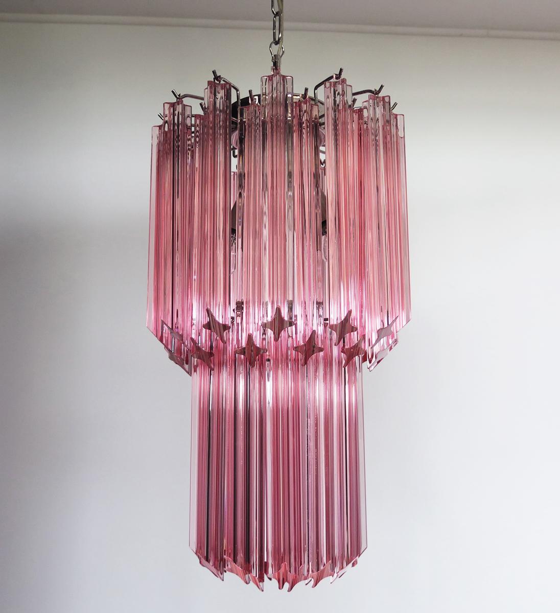 Glass Murano Quadriedri Chandelier, 44 Pink Prism For Sale