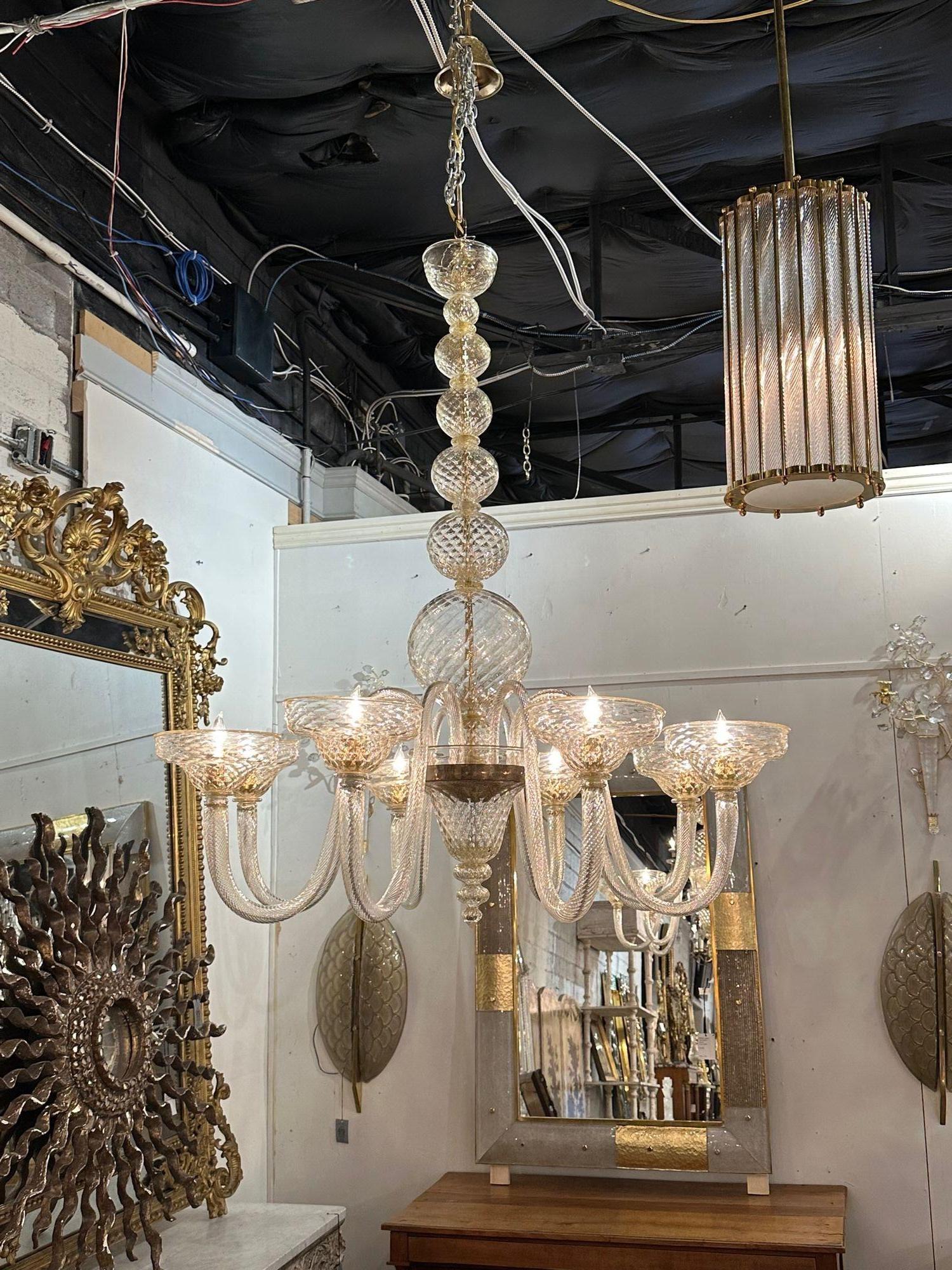 Fabulous large scale Murano quilt glass ball form 8-light chandelier. Circa 2000. The chandelier has been professionally rewired, comes with matching chain and canopy. It is ready to hang!