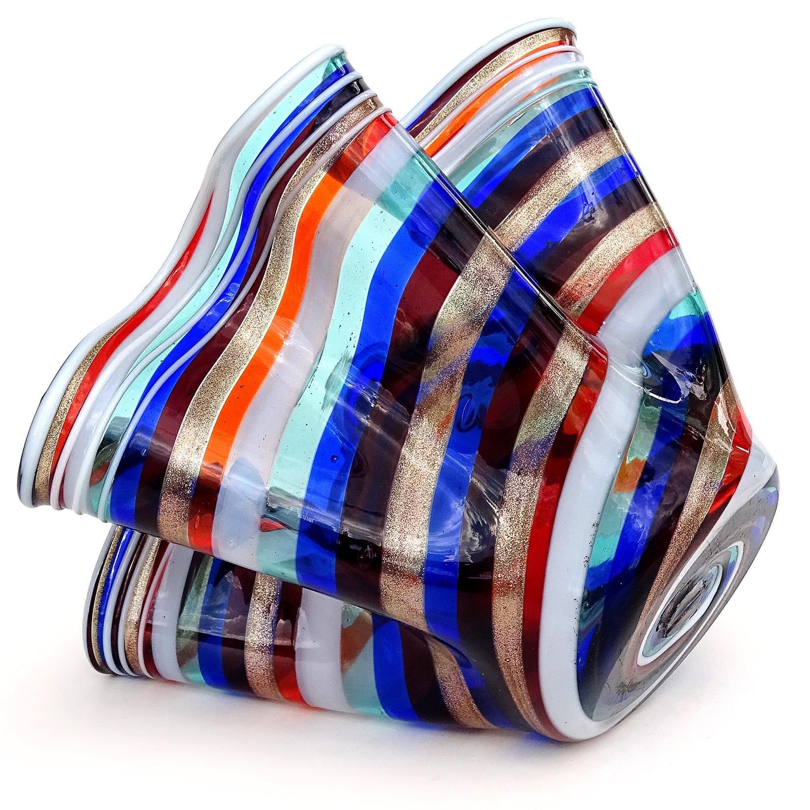 Murano Rainbow Aventurine Flecks Swirl Ribbons Italian Art Glass Fazzoletto Vase For Sale 4