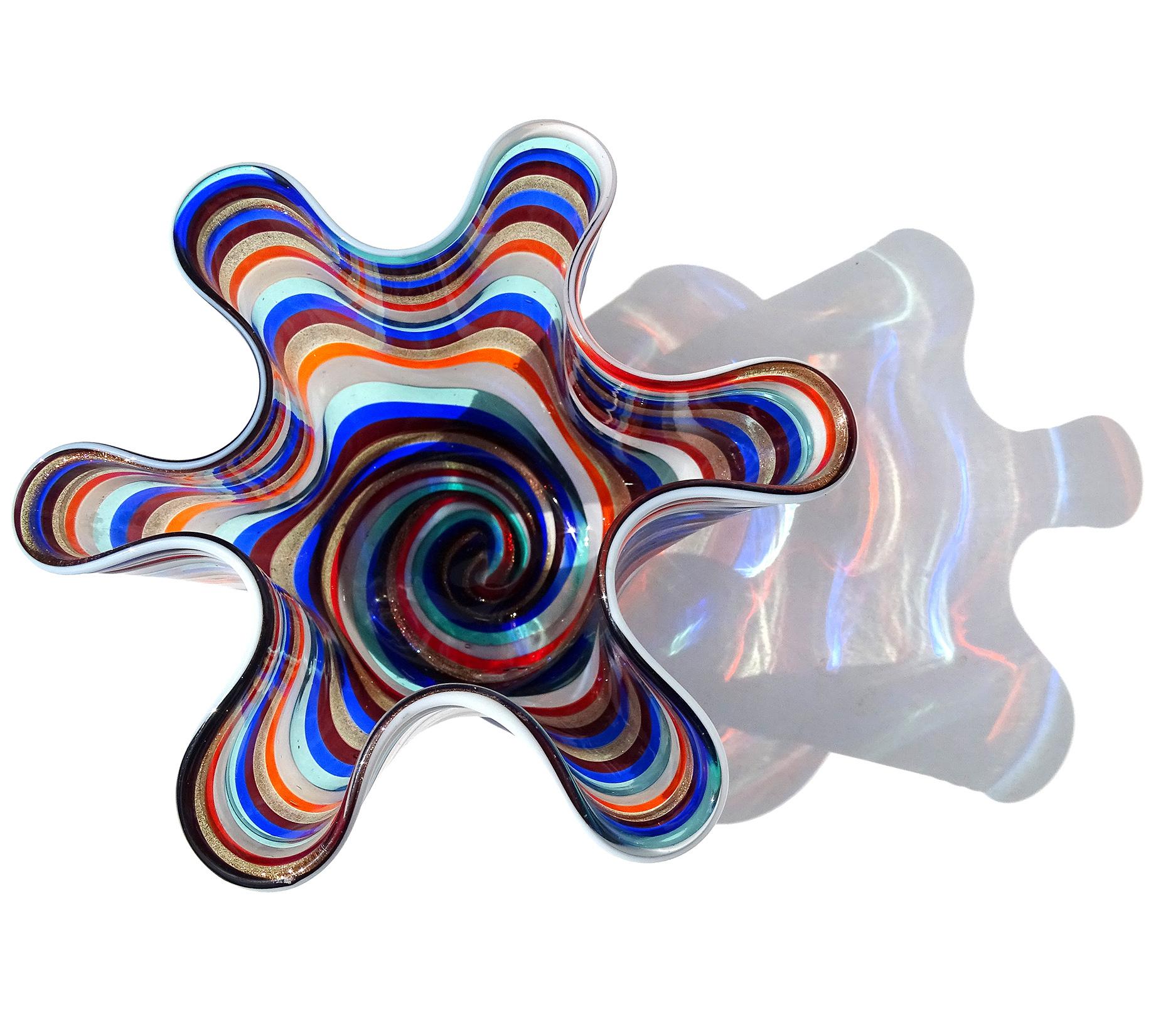 Mid-Century Modern Murano Rainbow Aventurine Flecks Swirl Ribbons Italian Art Glass Fazzoletto Vase For Sale