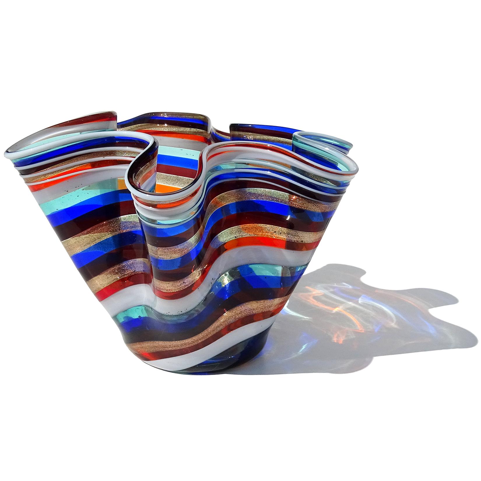 Murano Rainbow Aventurine Flecks Swirl Ribbons Italian Art Glass Fazzoletto Vase In Good Condition For Sale In Kissimmee, FL