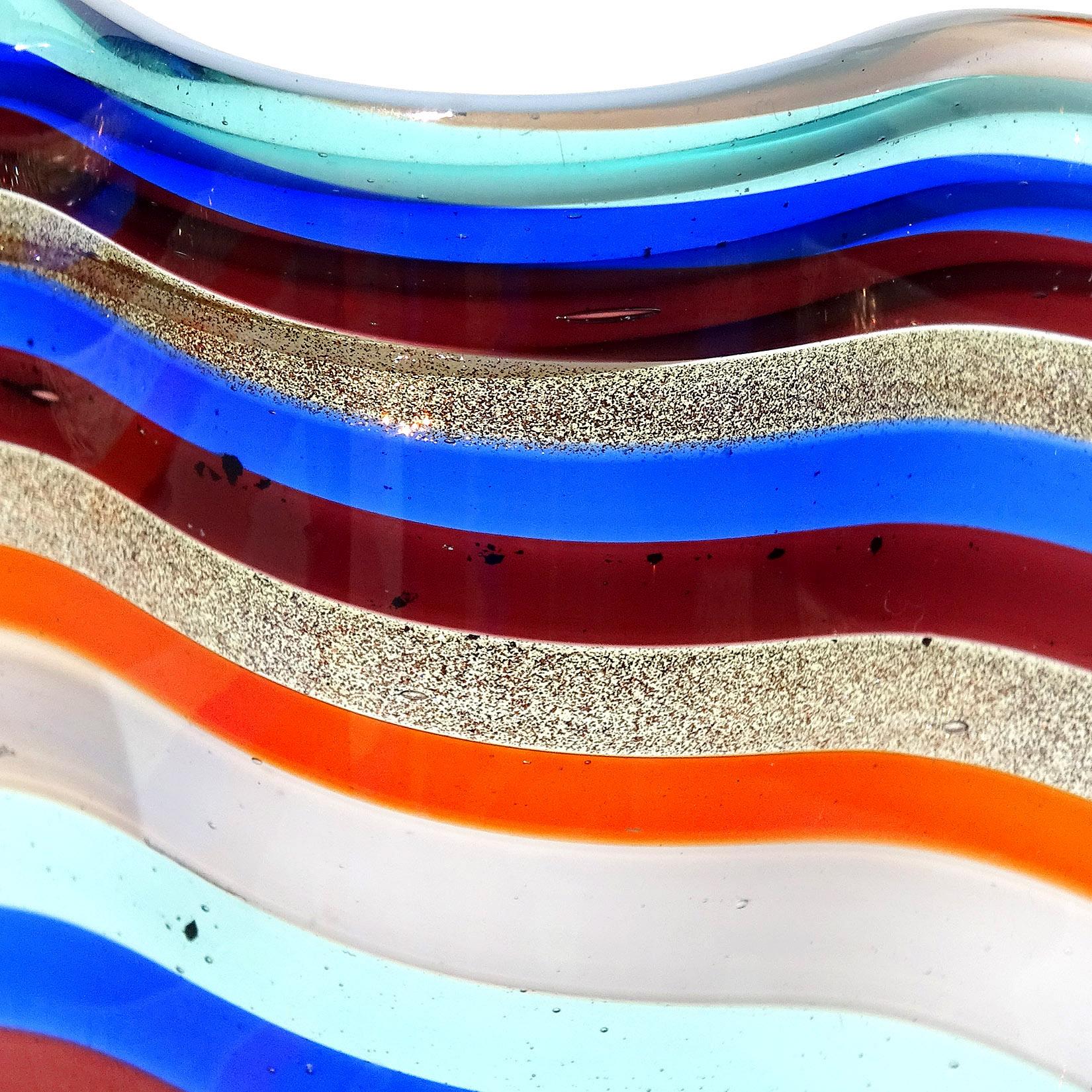 20th Century Murano Rainbow Aventurine Flecks Swirl Ribbons Italian Art Glass Fazzoletto Vase For Sale