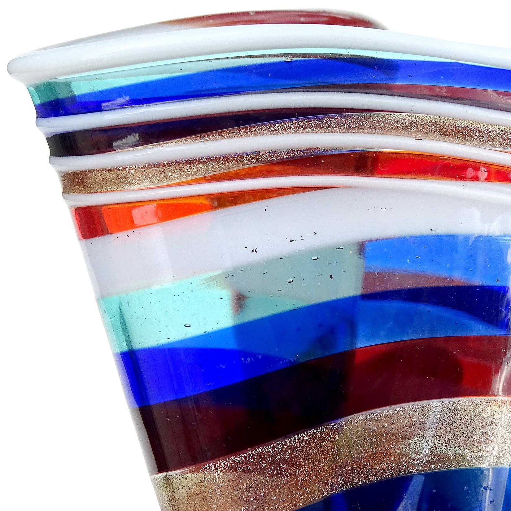 Murano Rainbow Aventurine Flecks Swirl Ribbons Italian Art Glass Fazzoletto Vase For Sale 1