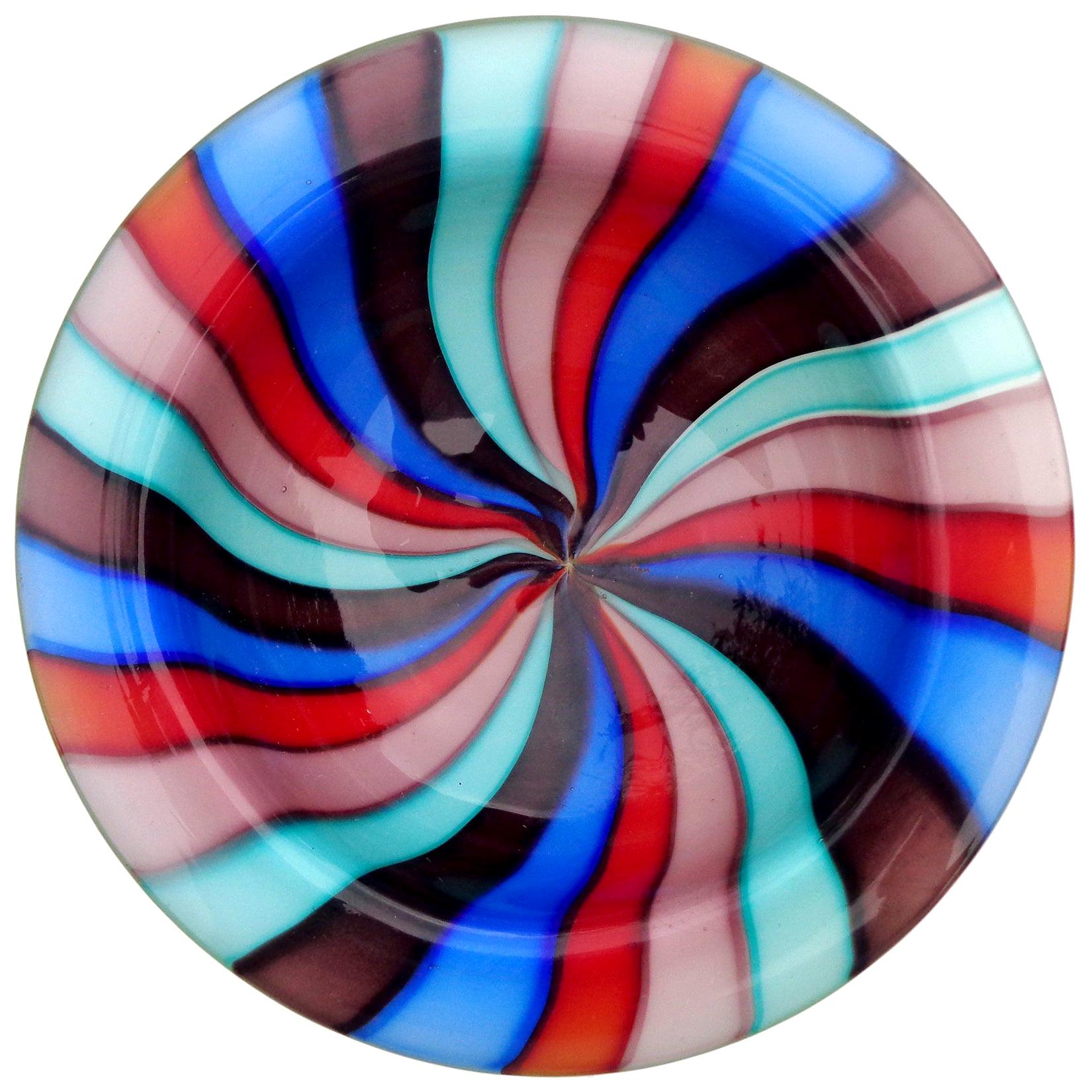 Murano Rainbow Blue Red Pinwheel Stripes Italian Art Glass Decorative Dish Bowl