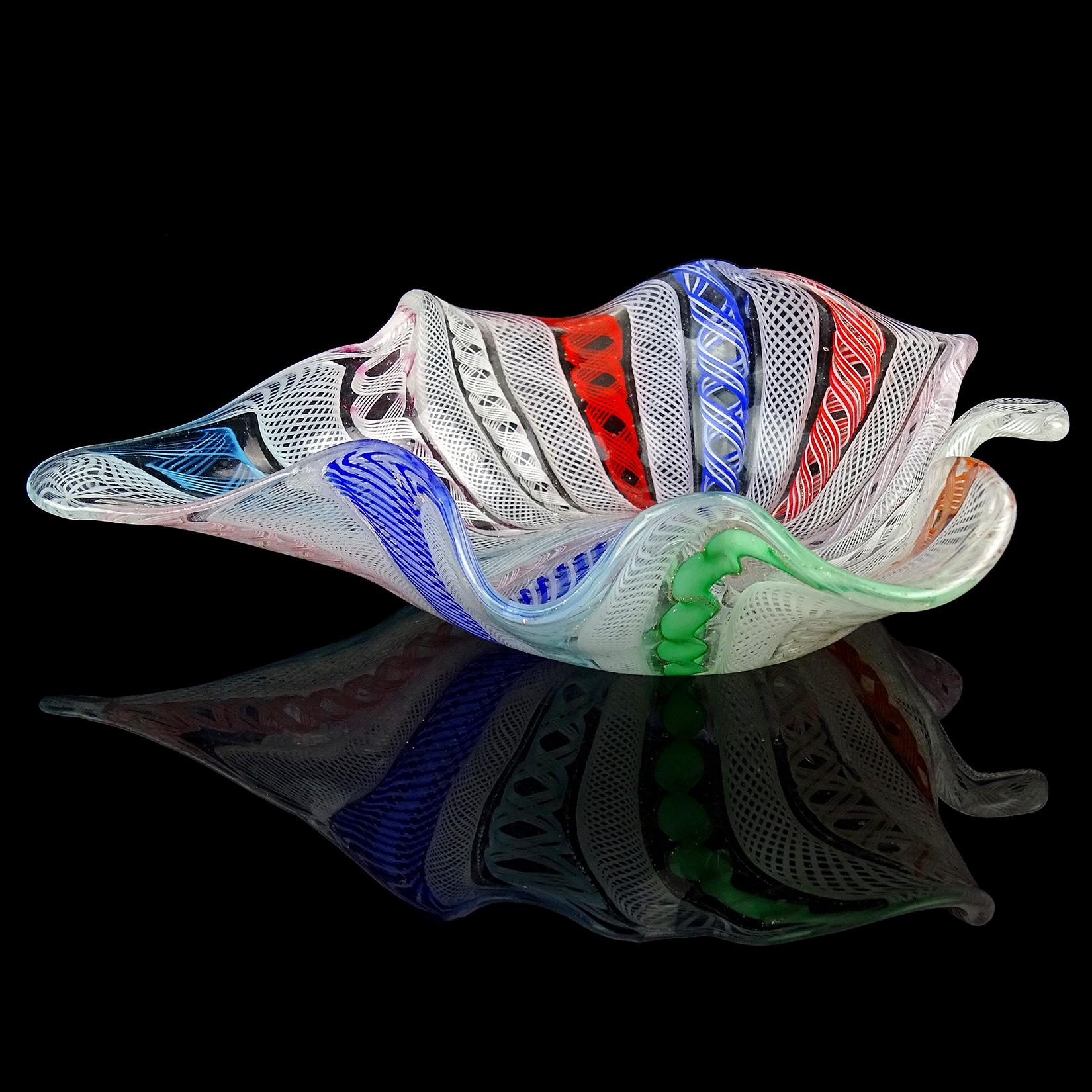 Mid-Century Modern Murano Rainbow White Zanfirico Ribbons Italian Art Glass Leaf Shape Ring Dish For Sale