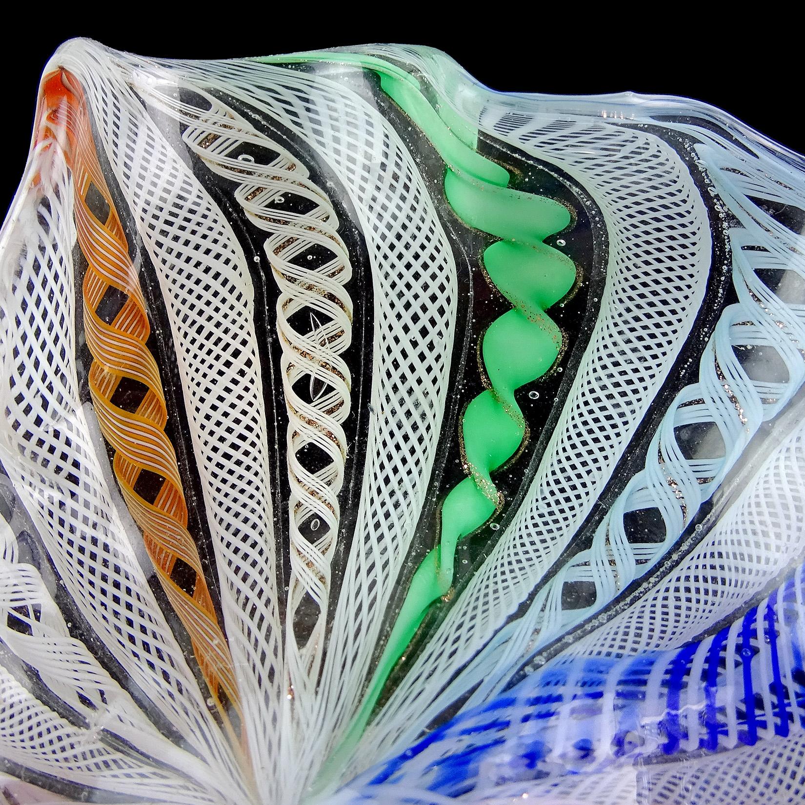 Murano Rainbow White Zanfirico Ribbons Italian Art Glass Leaf Shape Ring Dish For Sale 1