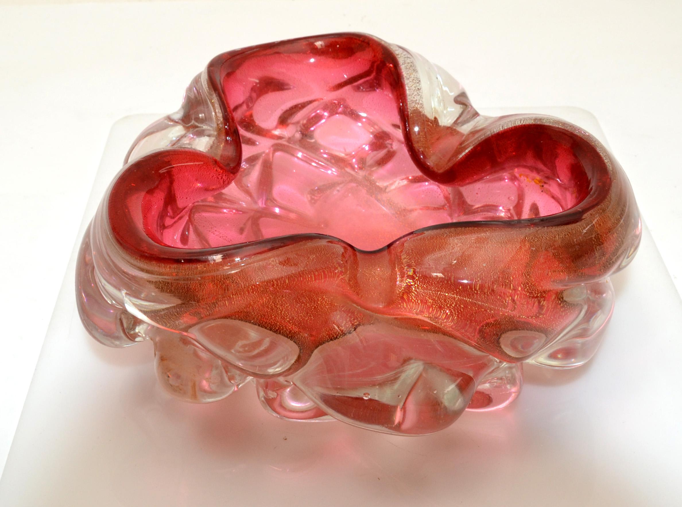 Murano Raspberry & Clear Gold Infused Blown Art Glass Bowl, Catchall Italy 1960  2