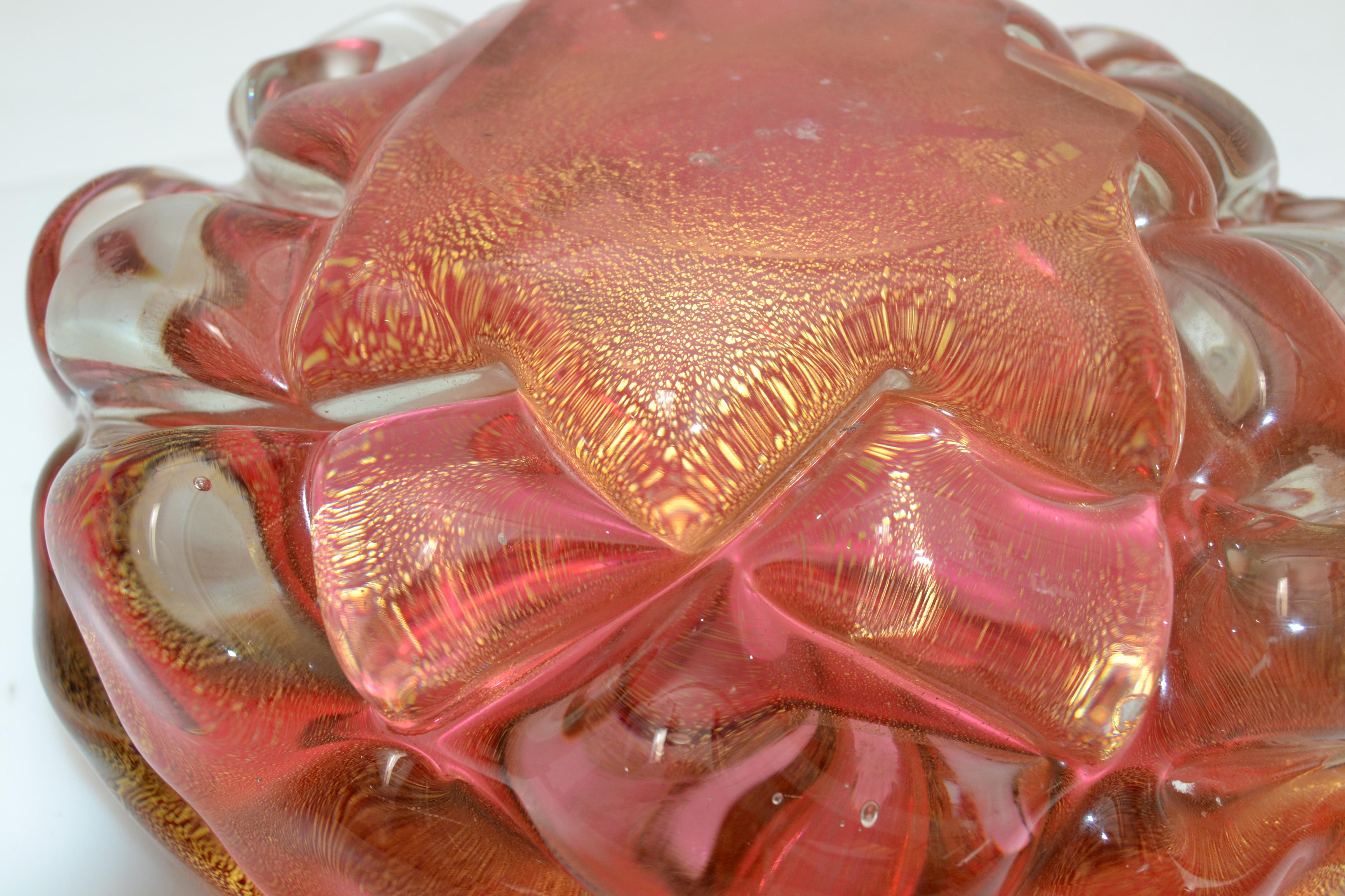 Murano Raspberry & Clear Gold Infused Blown Art Glass Bowl, Catchall Italy 1960  3