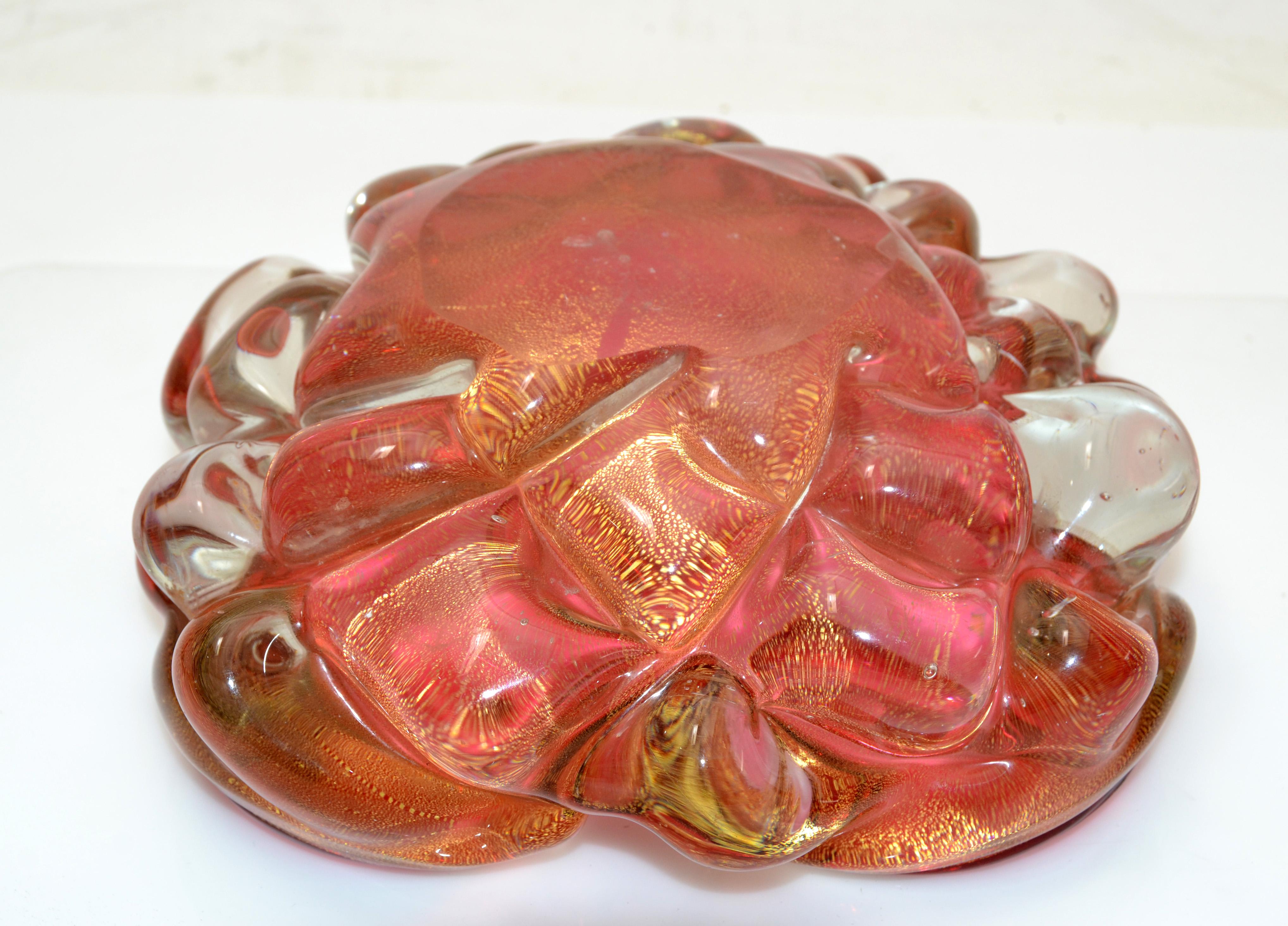 Murano Raspberry & Clear Gold Infused Blown Art Glass Bowl, Catchall Italy 1960  4