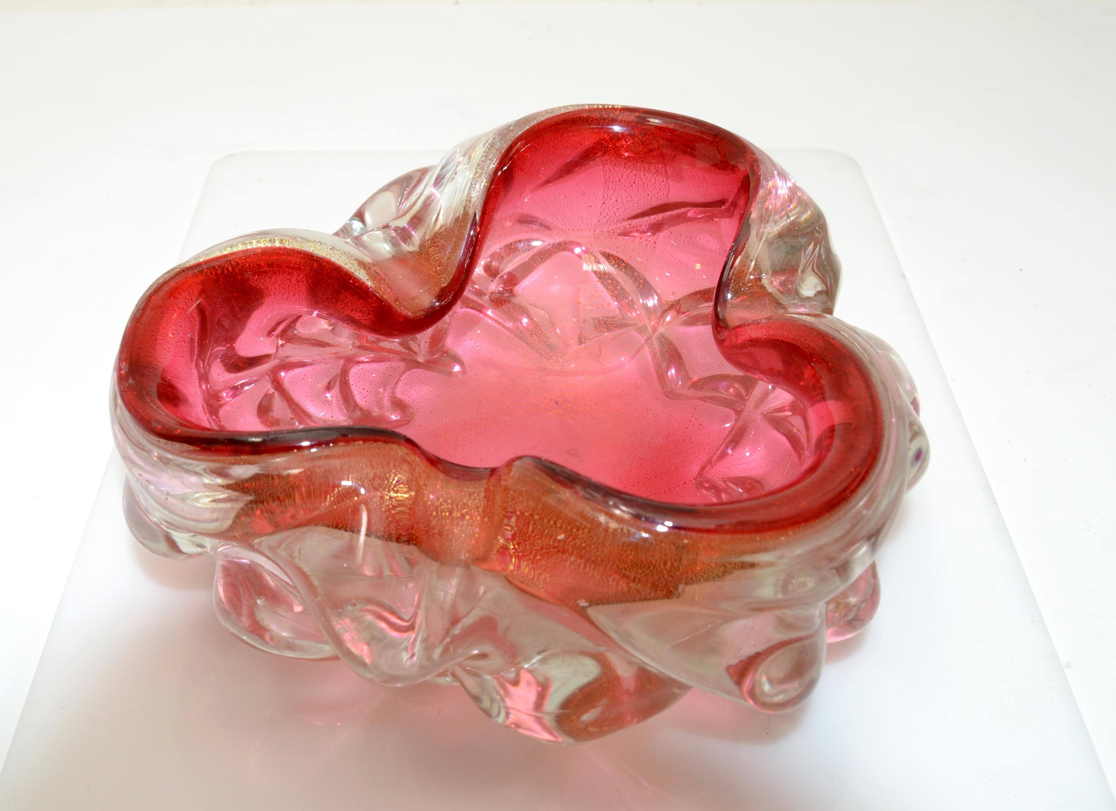 Murano Raspberry & Clear Gold Infused Blown Art Glass Bowl, Catchall Italy 1960  6