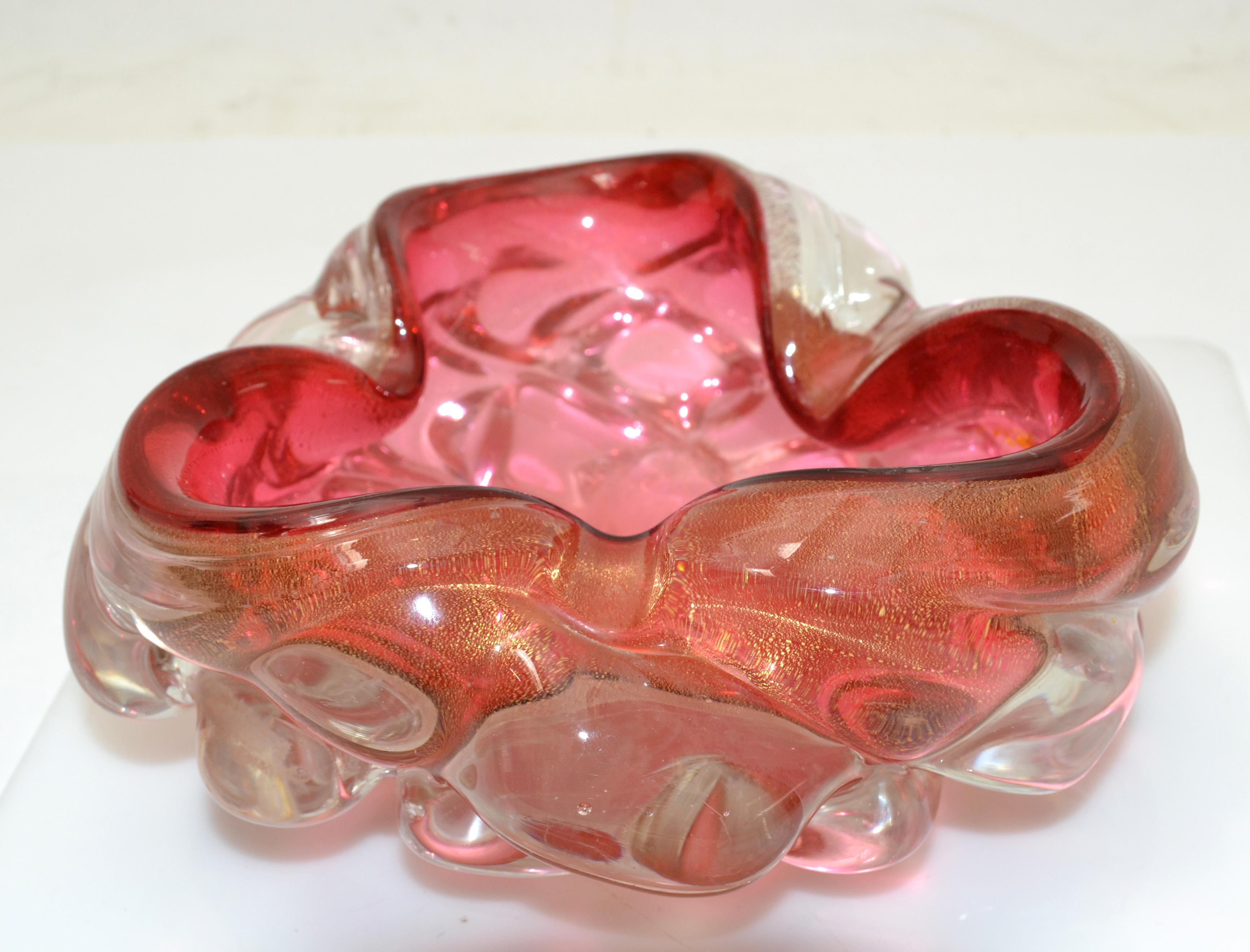 Murano Raspberry & Clear Gold Infused Blown Art Glass Bowl, Catchall Italy 1960  7