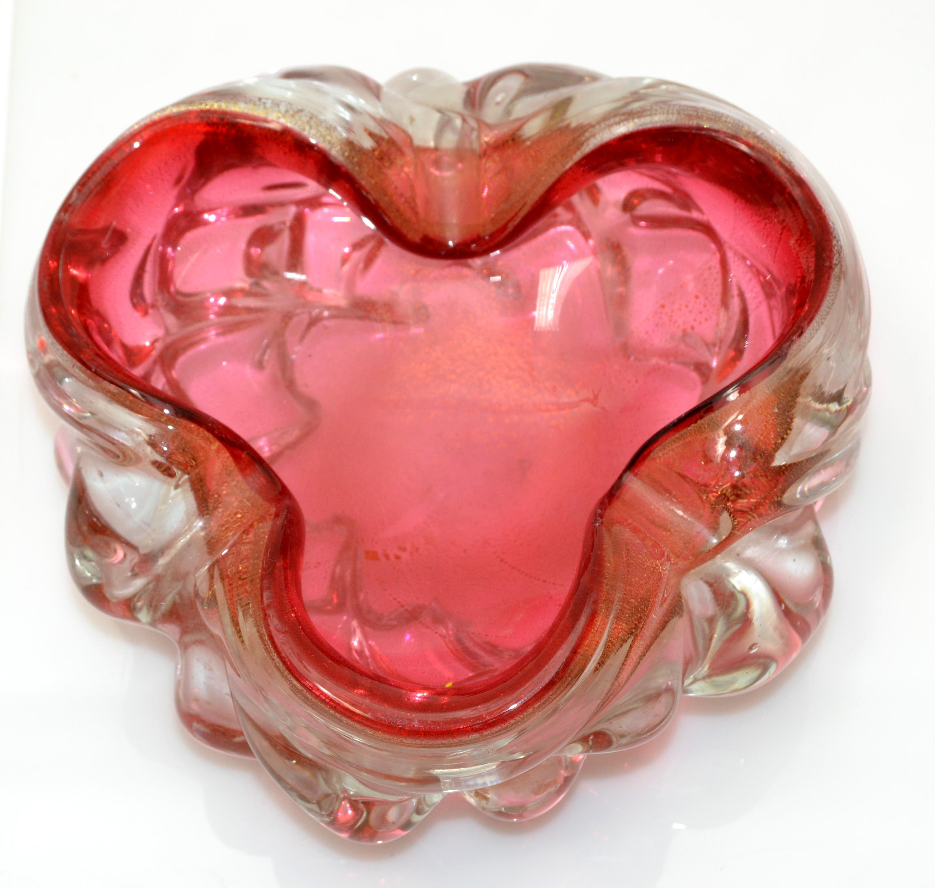Mid-Century Modern Murano Raspberry & Clear Gold Infused Blown Art Glass Bowl, Catchall Italy 1960 