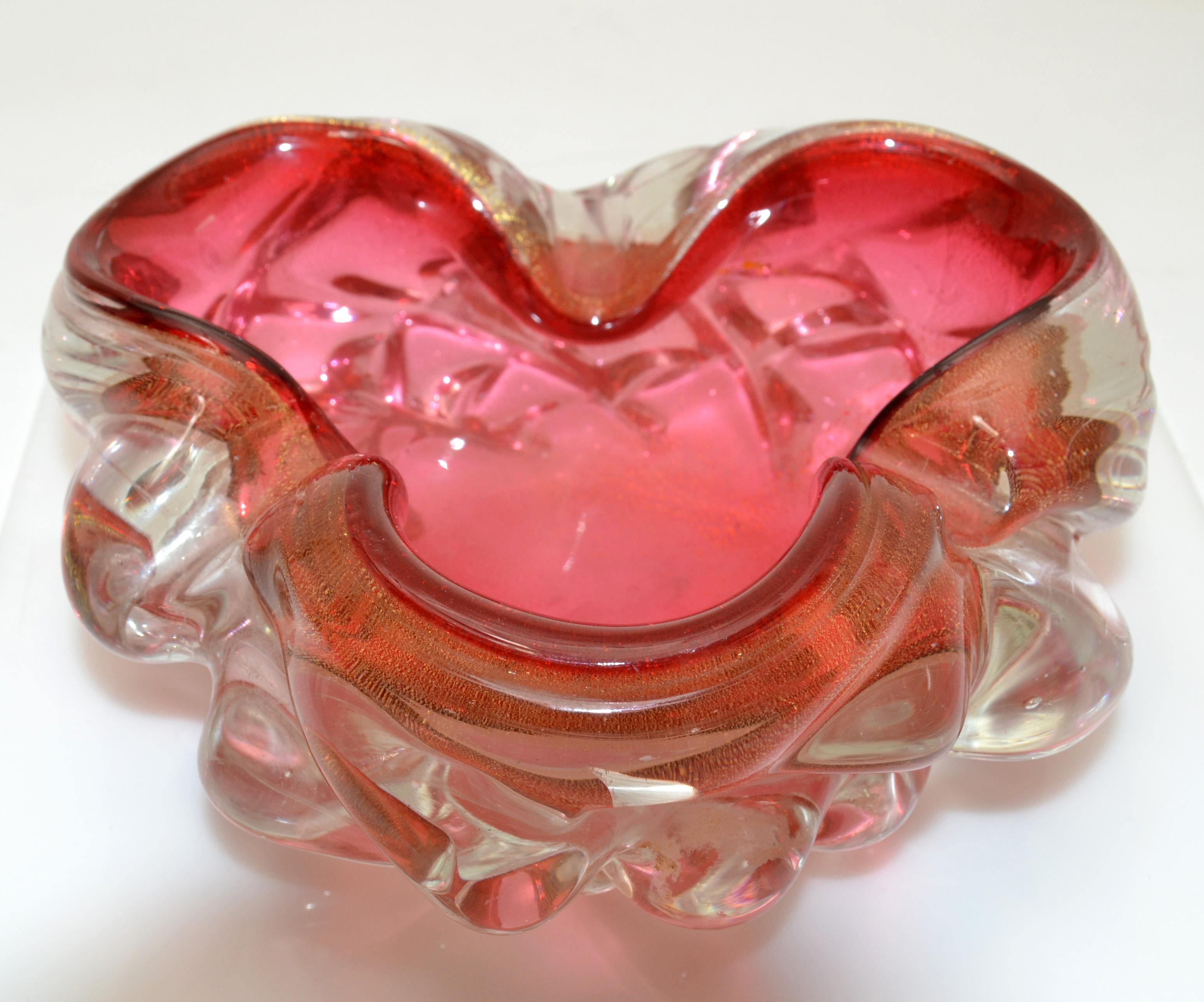 Italian Murano Raspberry & Clear Gold Infused Blown Art Glass Bowl, Catchall Italy 1960 