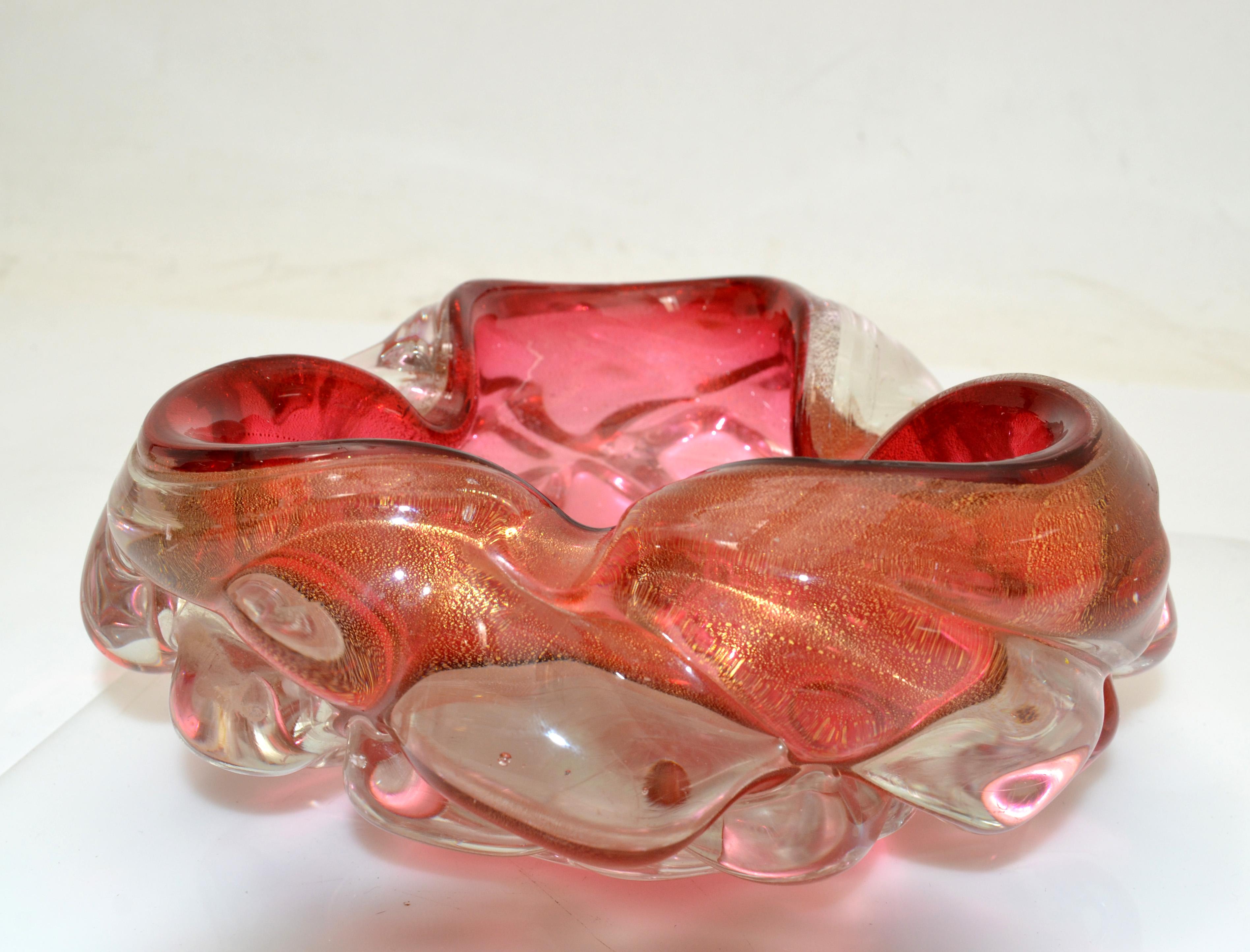 Hand-Crafted Murano Raspberry & Clear Gold Infused Blown Art Glass Bowl, Catchall Italy 1960 