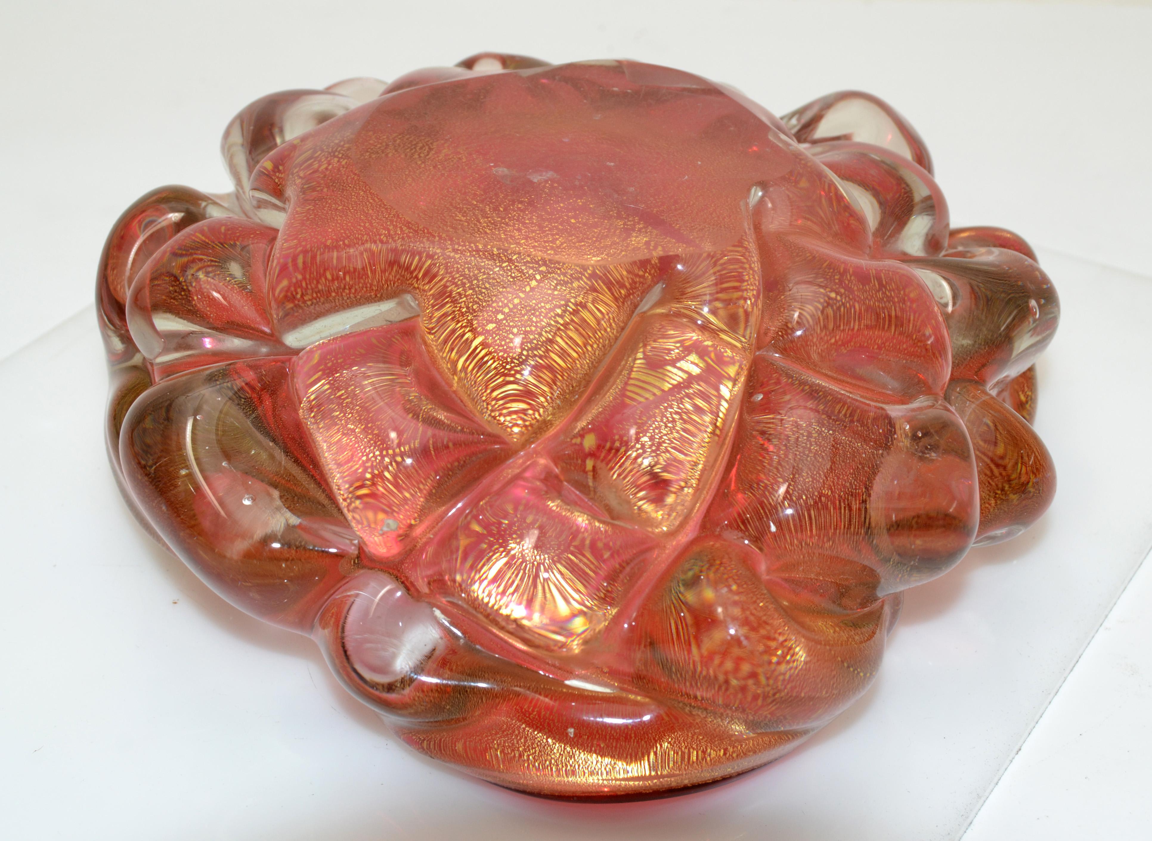 20th Century Murano Raspberry & Clear Gold Infused Blown Art Glass Bowl, Catchall Italy 1960 