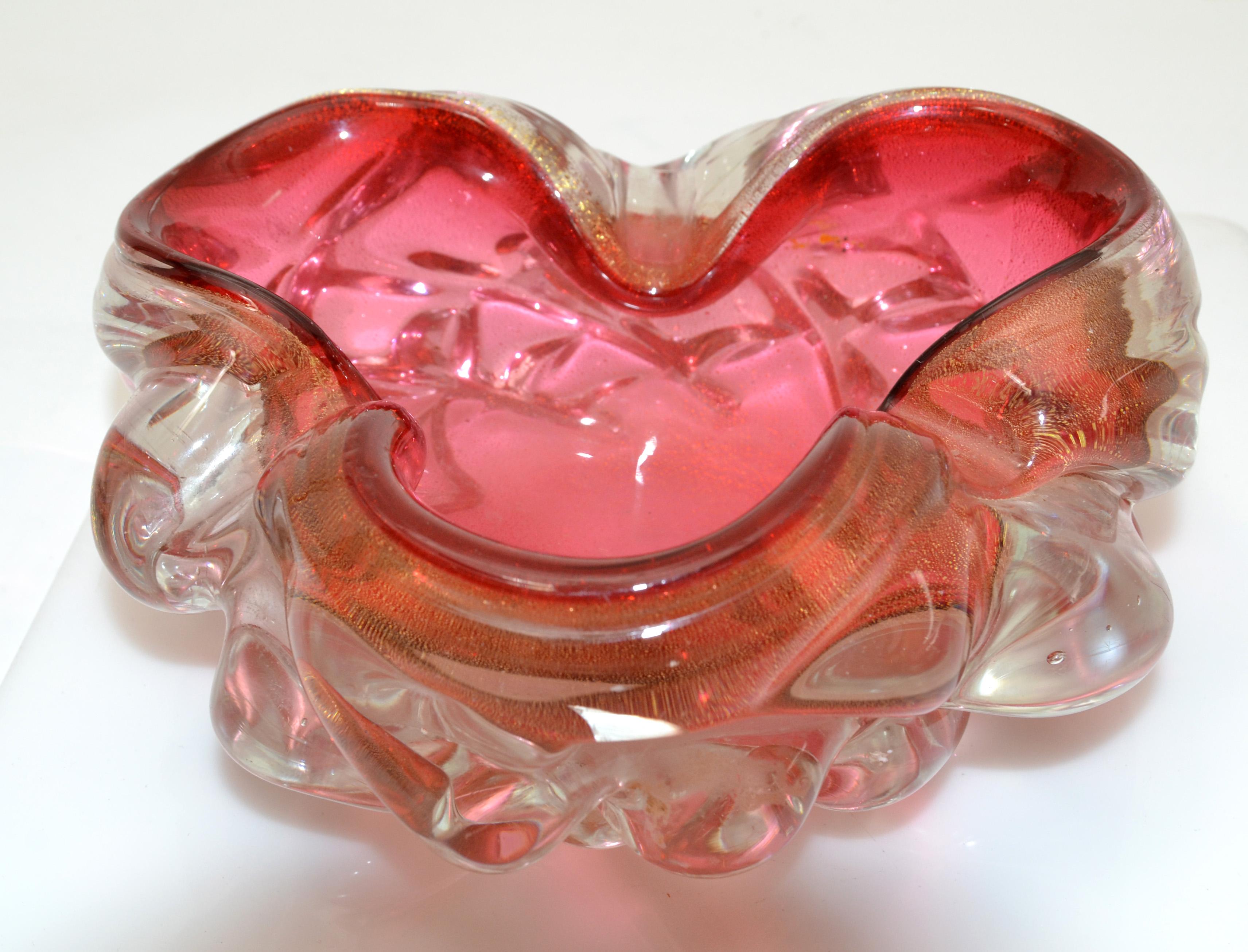 Murano Glass Murano Raspberry & Clear Gold Infused Blown Art Glass Bowl, Catchall Italy 1960 
