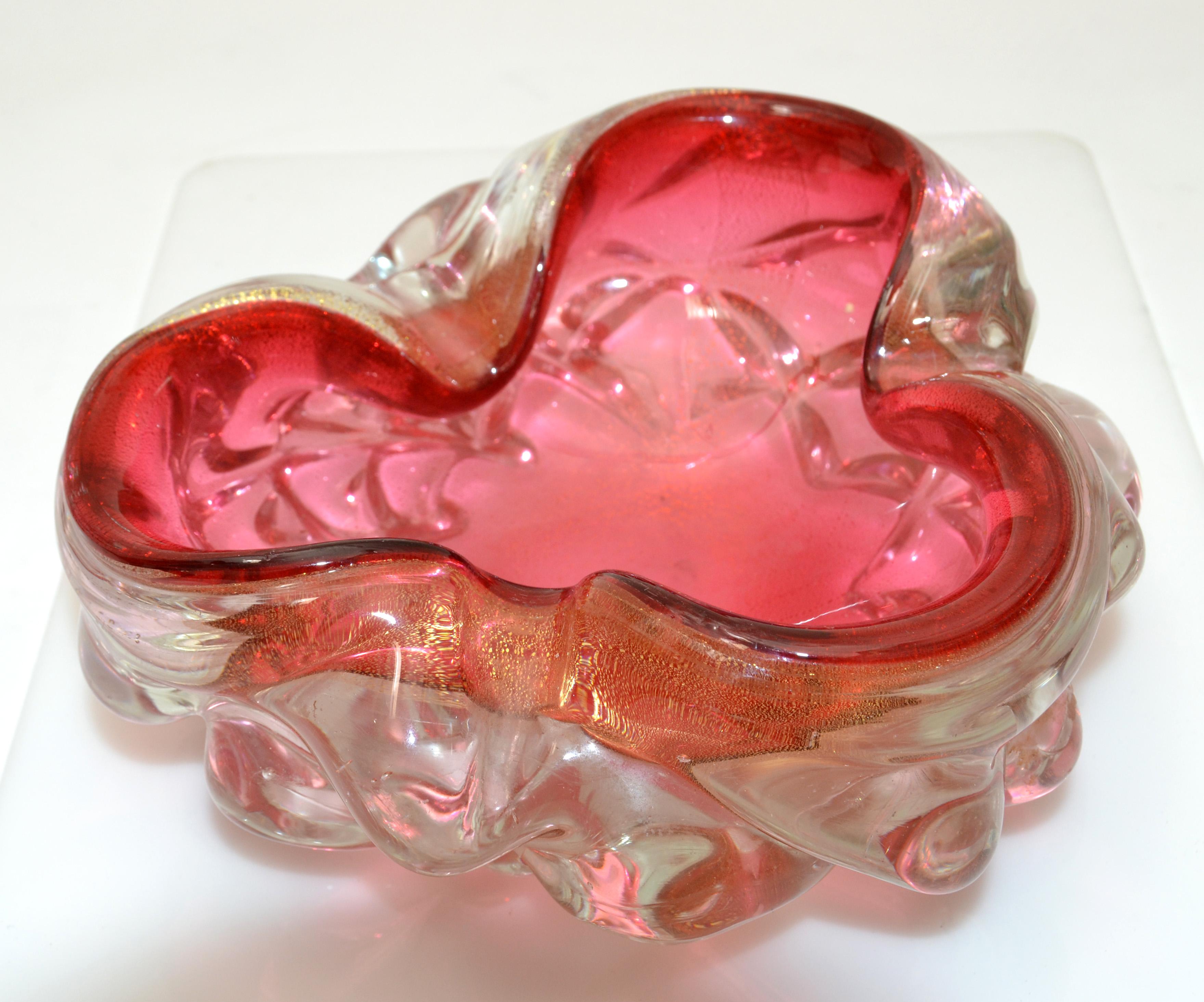 Murano Raspberry & Clear Gold Infused Blown Art Glass Bowl, Catchall Italy 1960  1