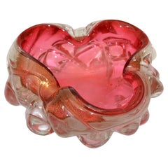 Murano Raspberry & Clear Gold Infused Blown Art Glass Bowl, Catchall Italy 1960 