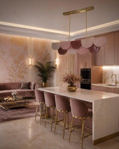 Murano Rectangular Pink Violet Art Glass and Brass Chandelier and Pendant, 2020