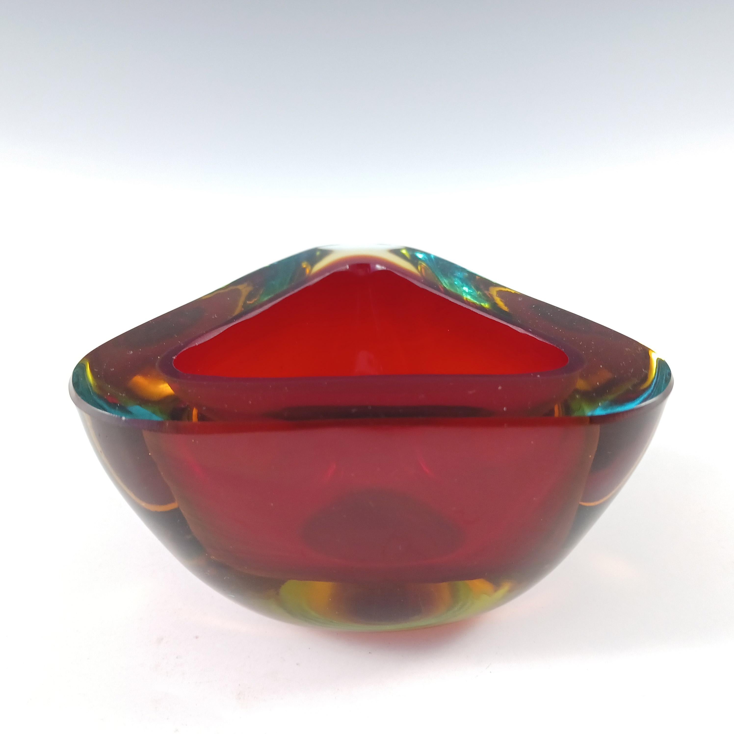 Mid-Century Modern Murano Red, Amber & Blue Sommerso Glass Triangular Geode Bowl For Sale
