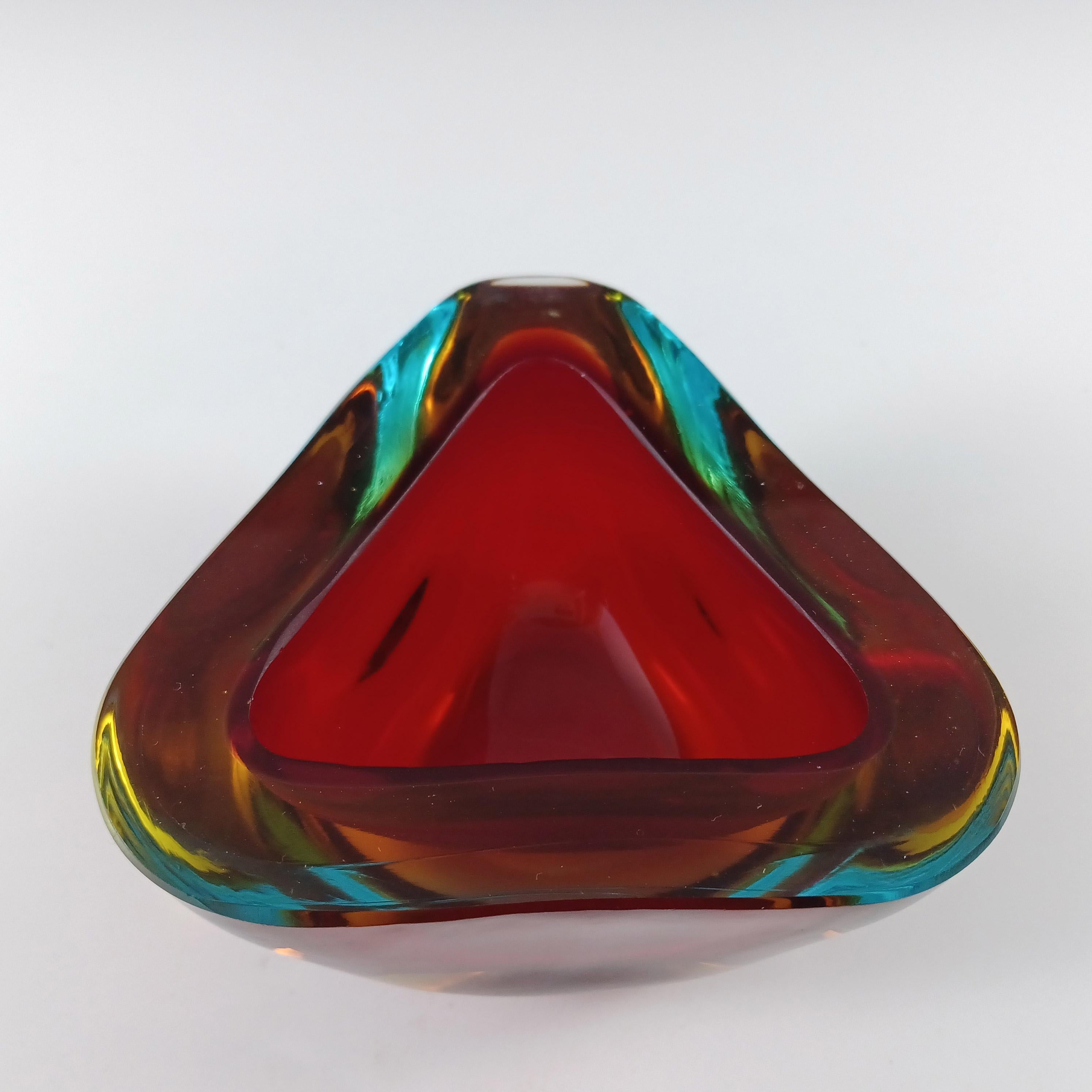 Italian Murano Red, Amber & Blue Sommerso Glass Triangular Geode Bowl For Sale