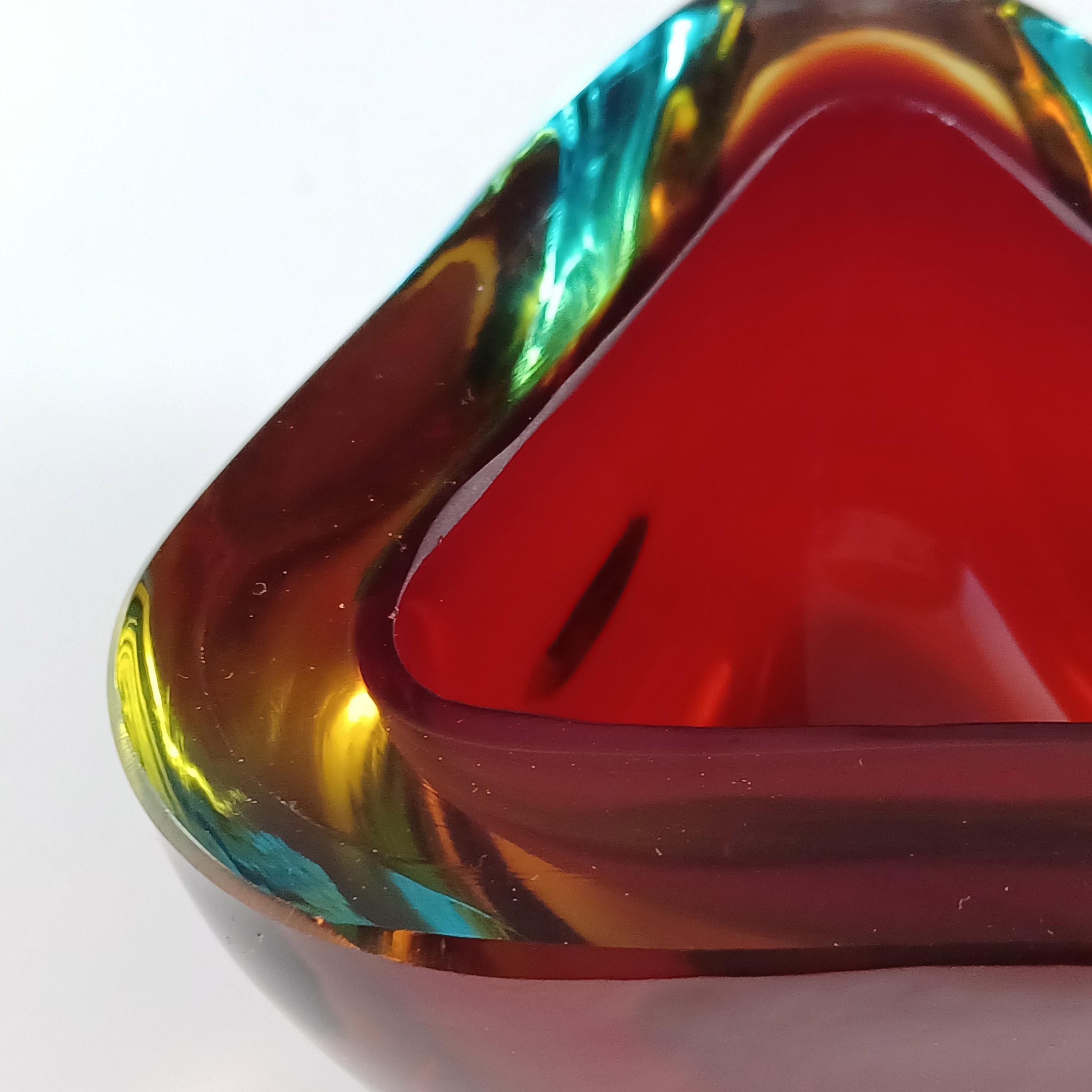Hand-Crafted Murano Red, Amber & Blue Sommerso Glass Triangular Geode Bowl For Sale