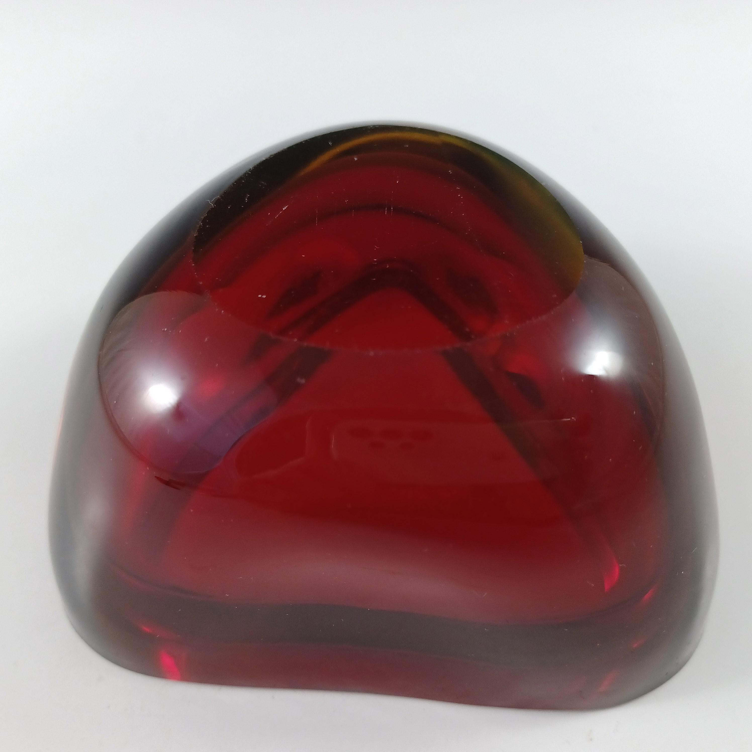 Mid-20th Century Murano Red, Amber & Blue Sommerso Glass Triangular Geode Bowl For Sale