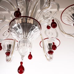 Lampadario a 6 luci in vetro rosso e trasparente di Murano, Vintage Made in Italy in stock