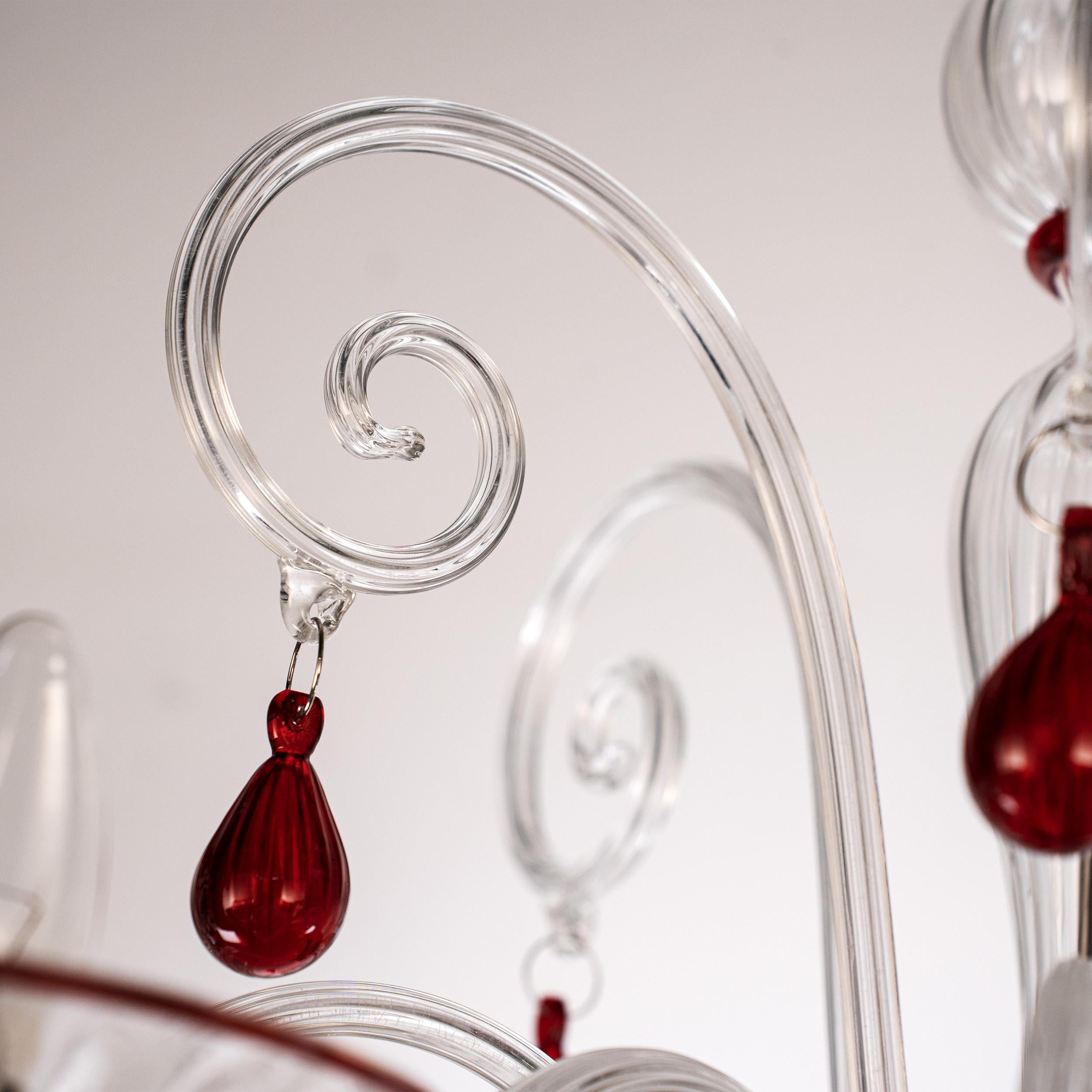 Murano araña de cristal rojo y transparente 6 luces, Vintage Made in Italy en stock Italiano en venta