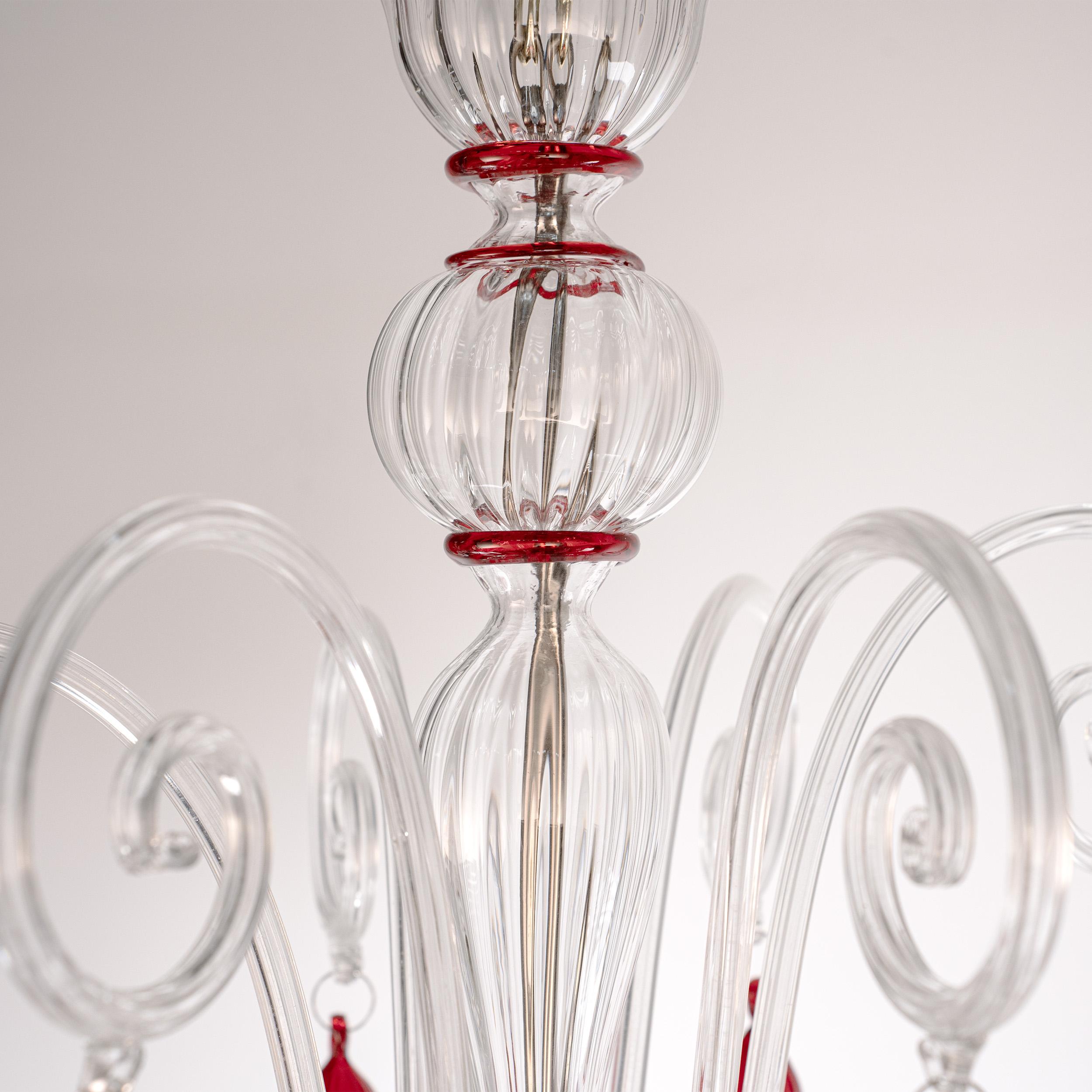 Murano araña de cristal rojo y transparente 6 luces, Vintage Made in Italy en stock en Excelente estado para la venta en Venezia, IT