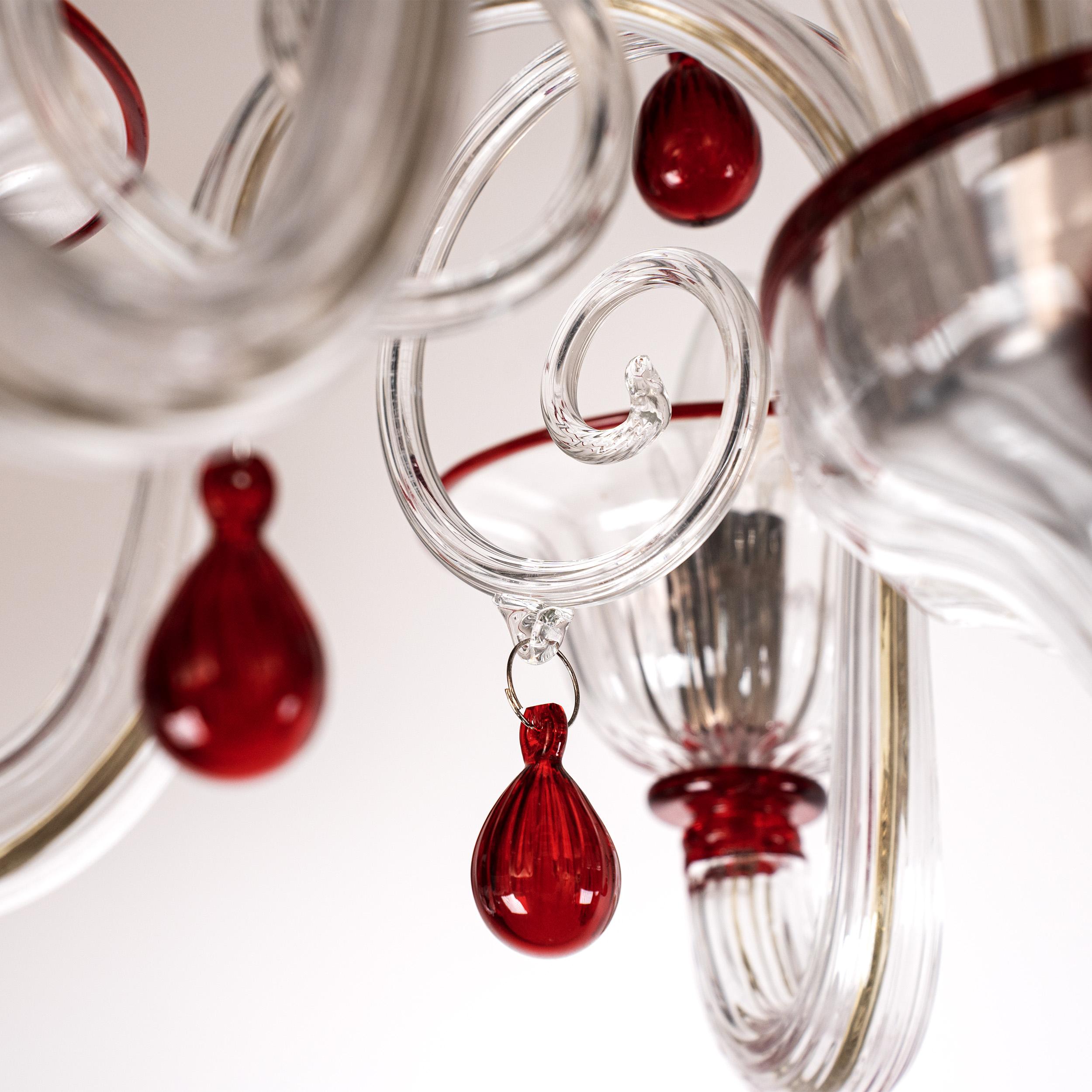 Murano araña de cristal rojo y transparente 6 luces, Vintage Made in Italy en stock siglo XX en venta