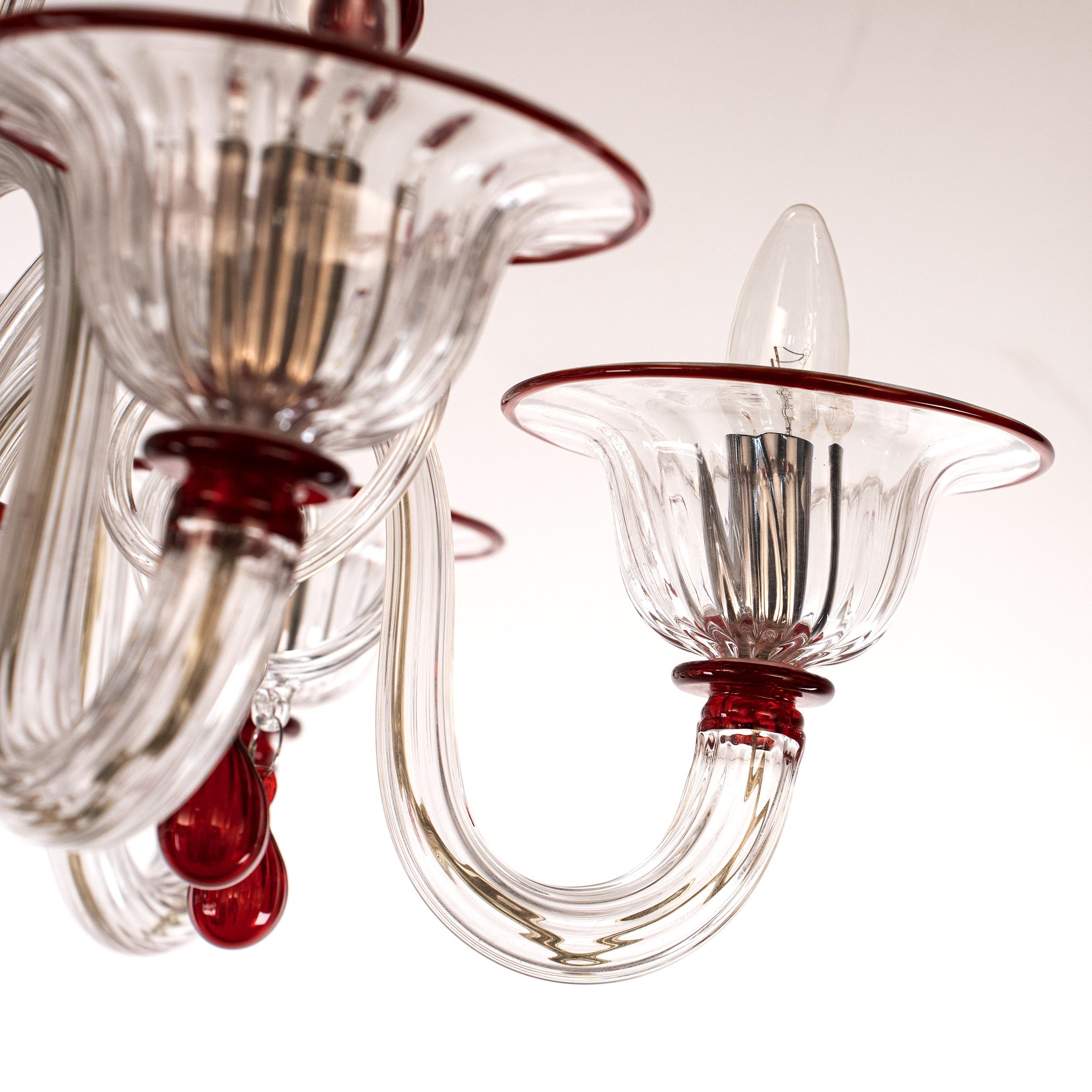 Murano araña de cristal rojo y transparente 6 luces, Vintage Made in Italy en stock en venta 1
